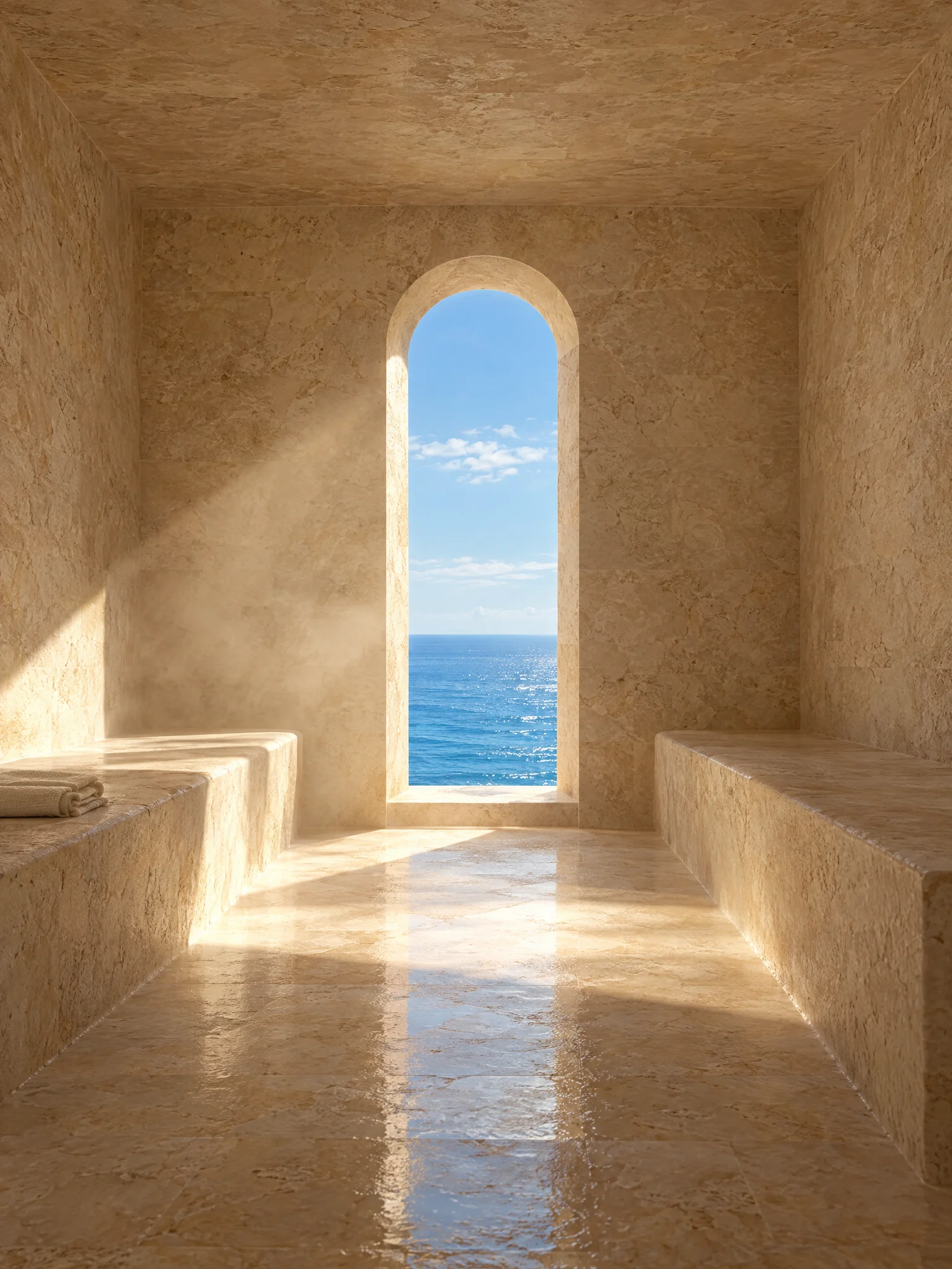 A warm stone room with low benches facing an arched window onto the sea