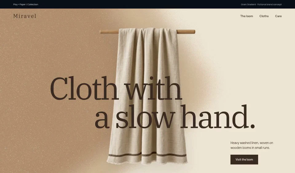 Miravel, a fictional brand website using Grain Gradient