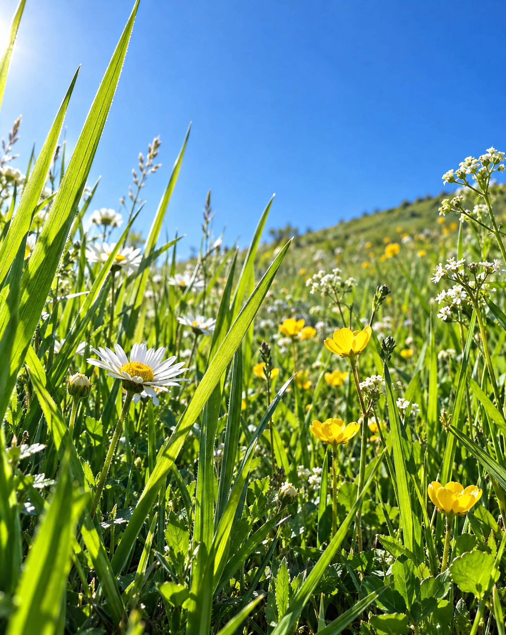 Backlit green grass and small white wildflowers against a clear blue sky