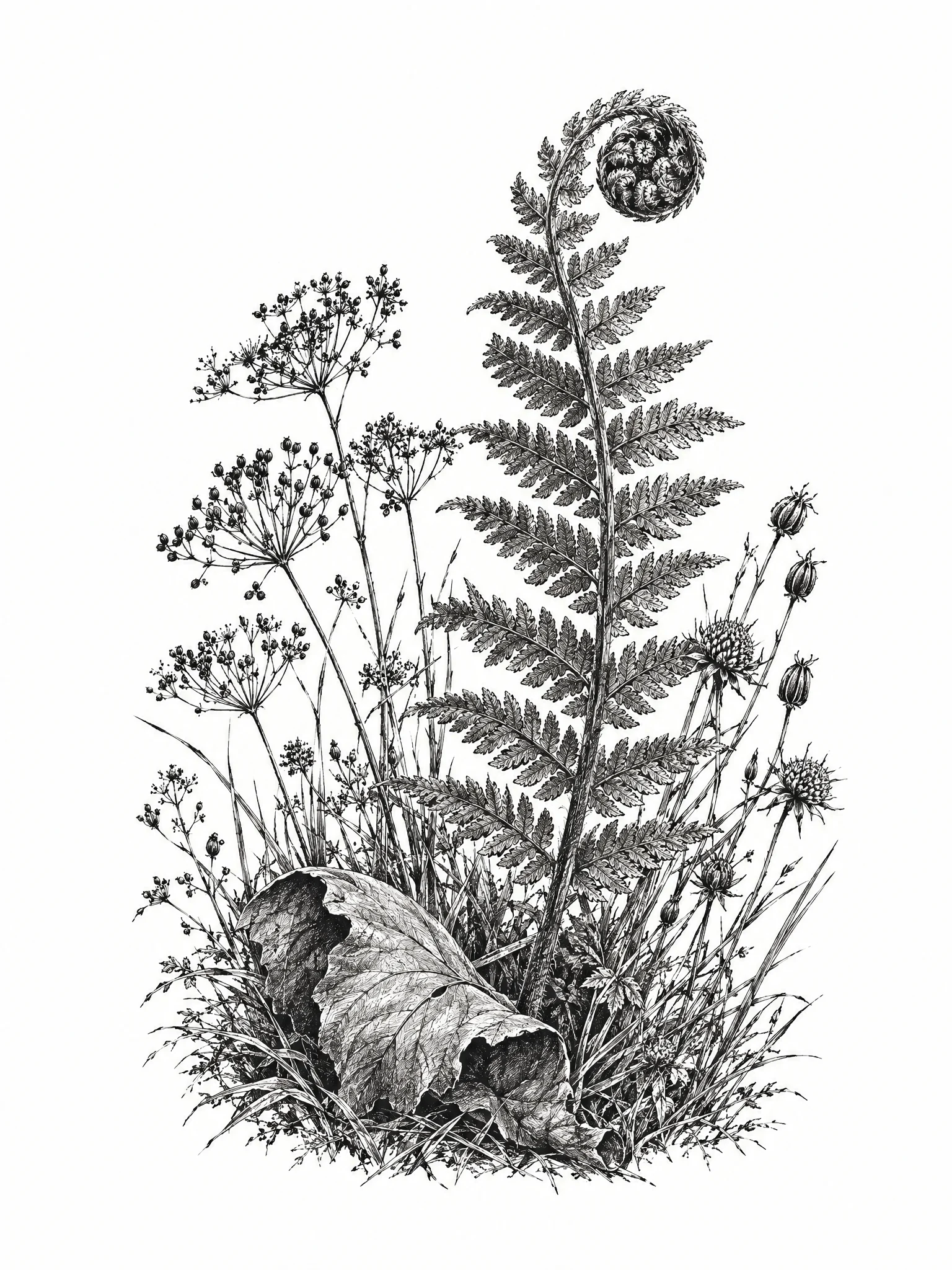 Etching of a fern frond with fine seed heads, in charcoal ink