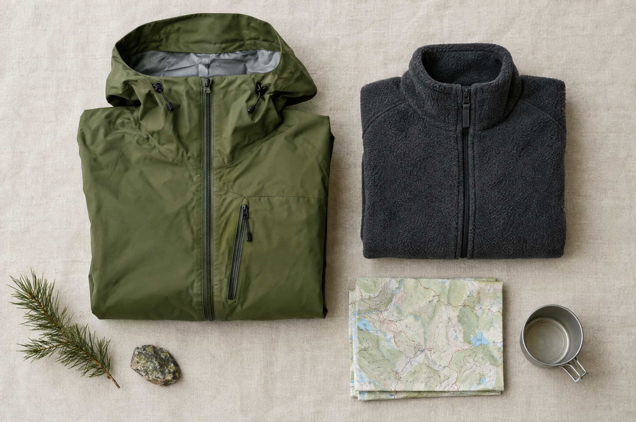 A folded moss-green shell jacket beside a graphite fleece, a trail map and a tin cup on bone linen