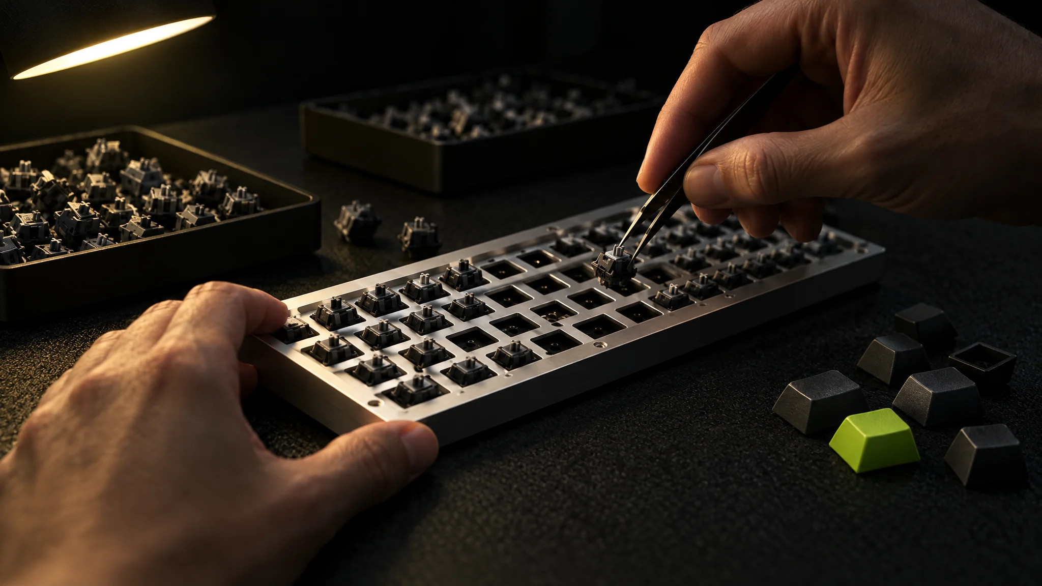 Hands placing switches into an aluminium keyboard plate under a desk lamp, with trays of switches and one lime keycap nearby