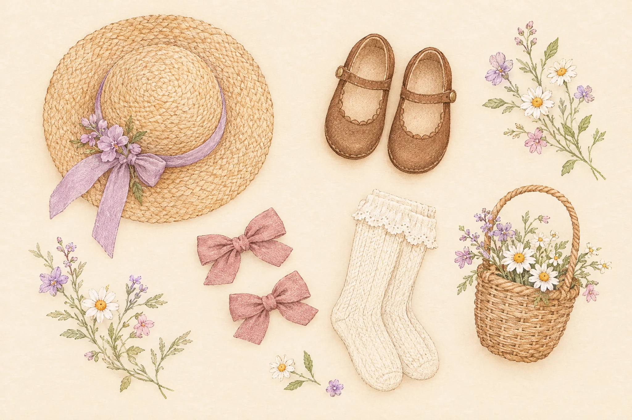 Illustrated flat-lay on cream paper: a straw sun hat with a lilac ribbon, brown Mary Jane shoes, two dusty rose hair bows, lace-topped cream knee socks, a wicker basket of daisies and sprigs of wildflowers