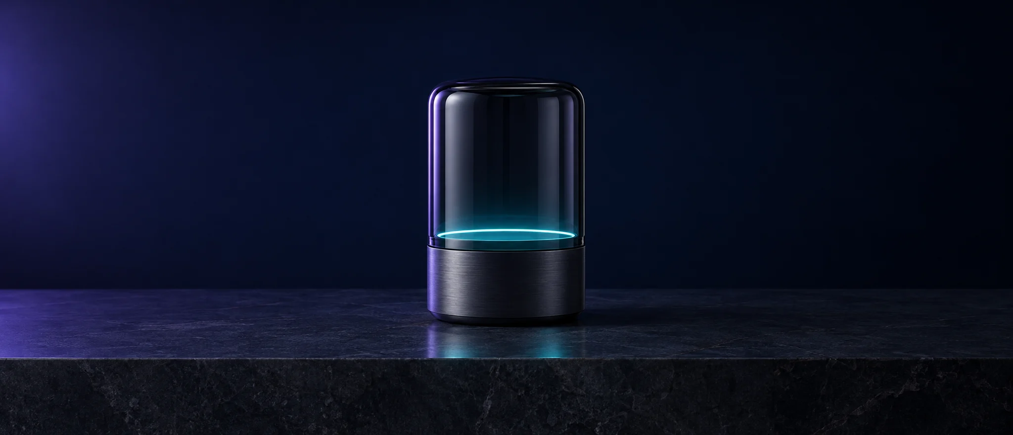A smoked-glass lantern with a thin cyan light ring, standing on dark stone