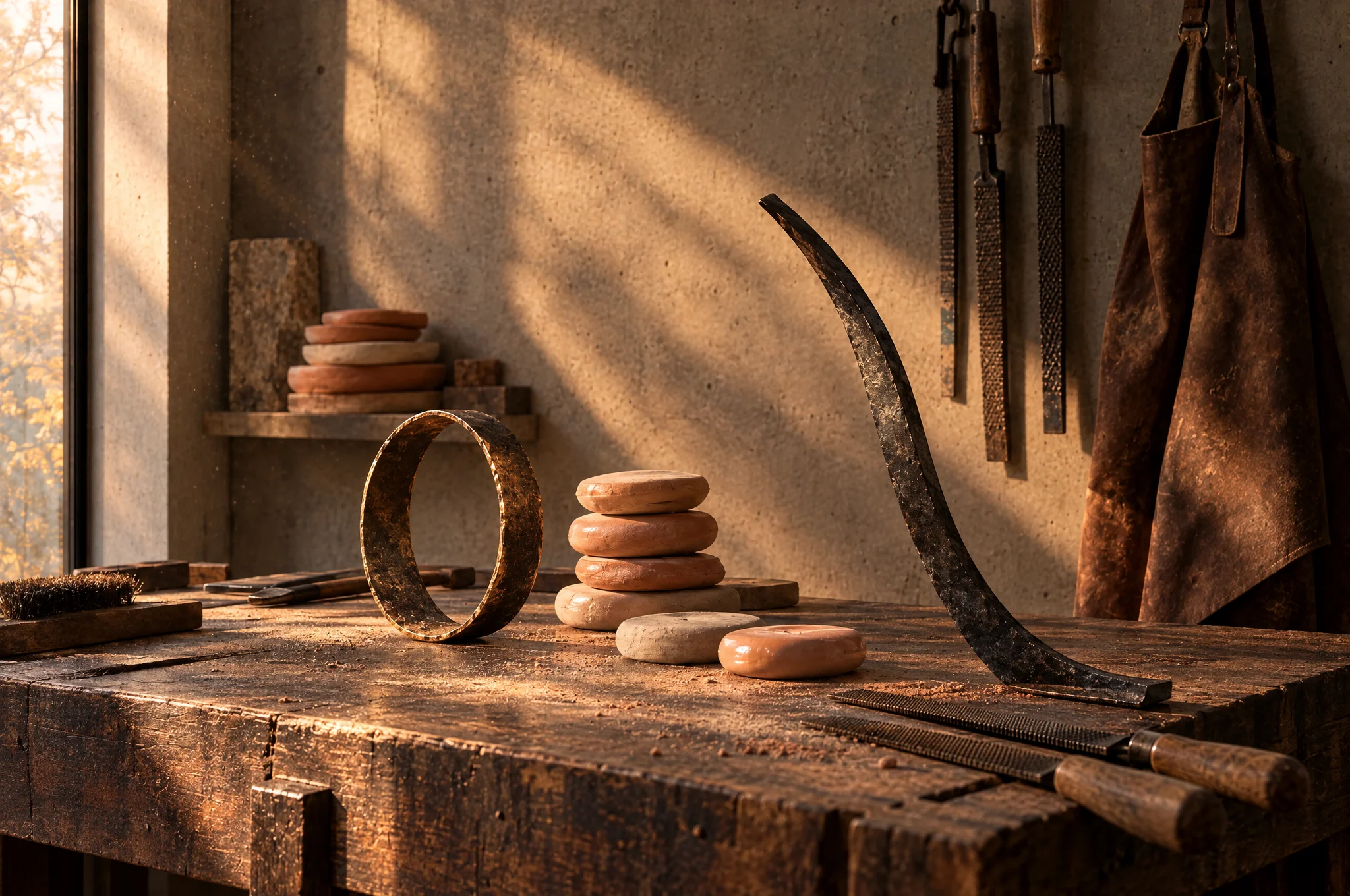 A worn workbench holding a bronze ring, stacked clay discs and a bent bar of blackened steel beside rasps