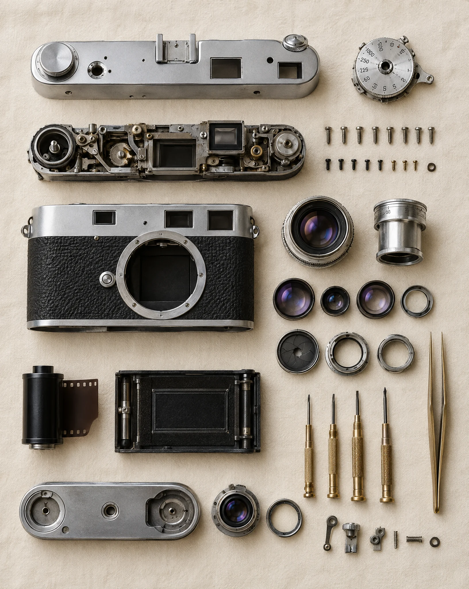 A rangefinder camera taken apart, its parts laid out in neat rows on a cream mat