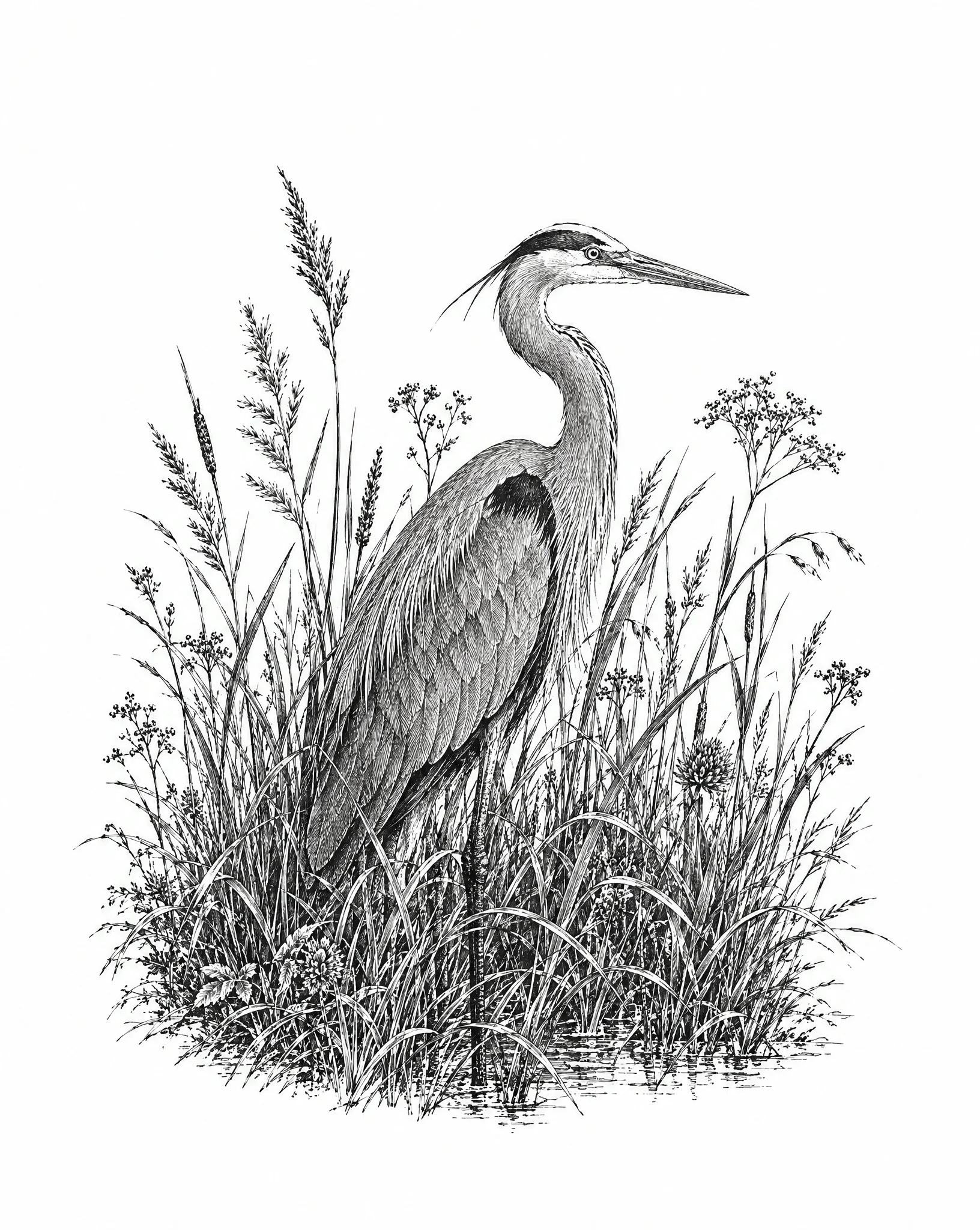Etching of a grey heron standing among tall reeds