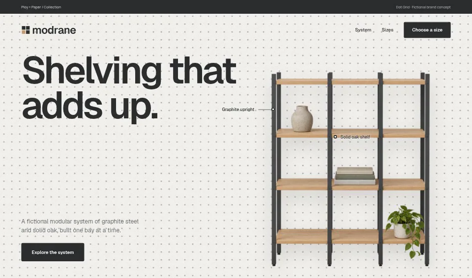 Modrane, a fictional brand website using Dot Grid