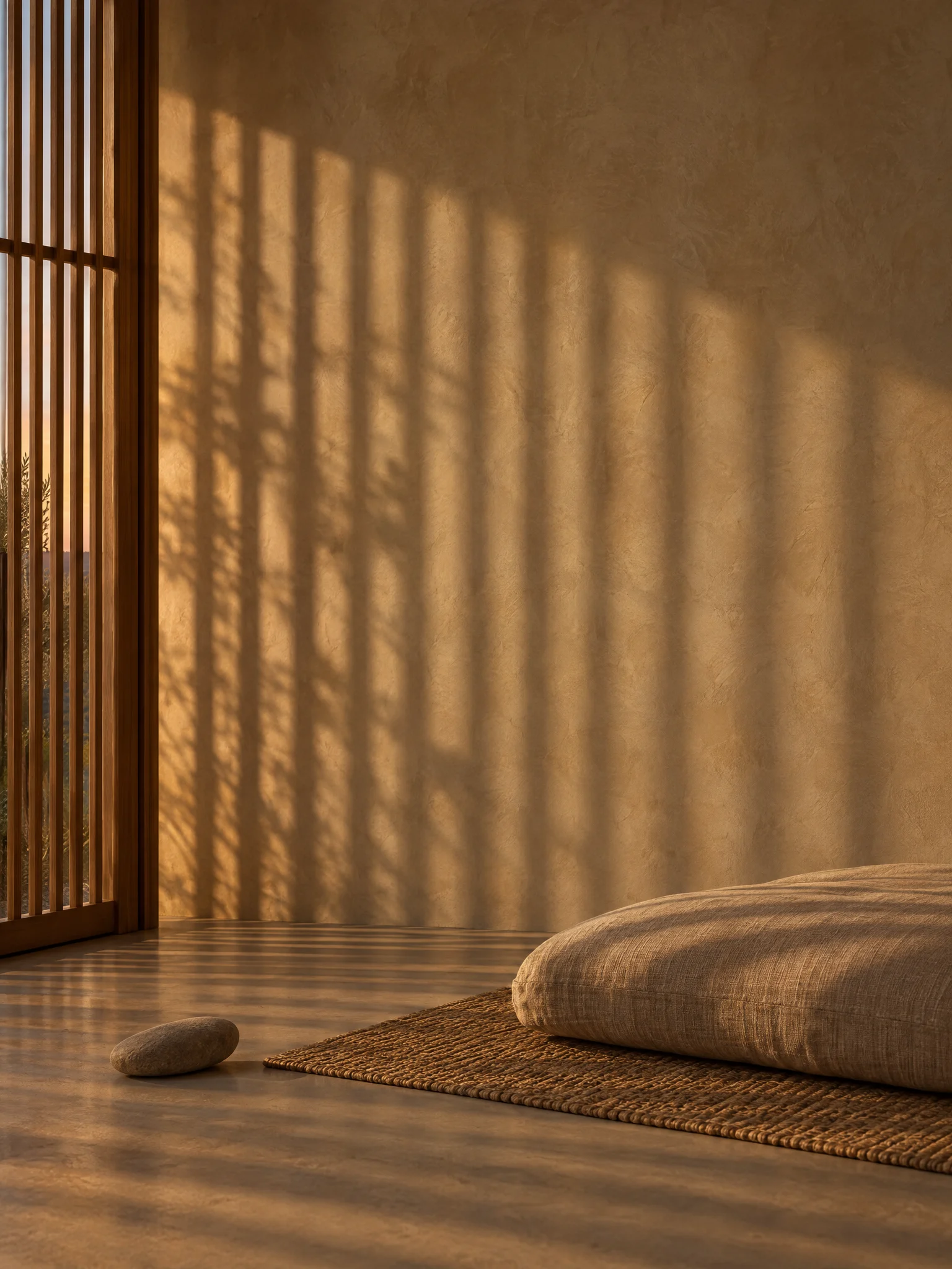 Low evening light casting the shadow of a teak screen across a plaster wall above a linen floor cushion