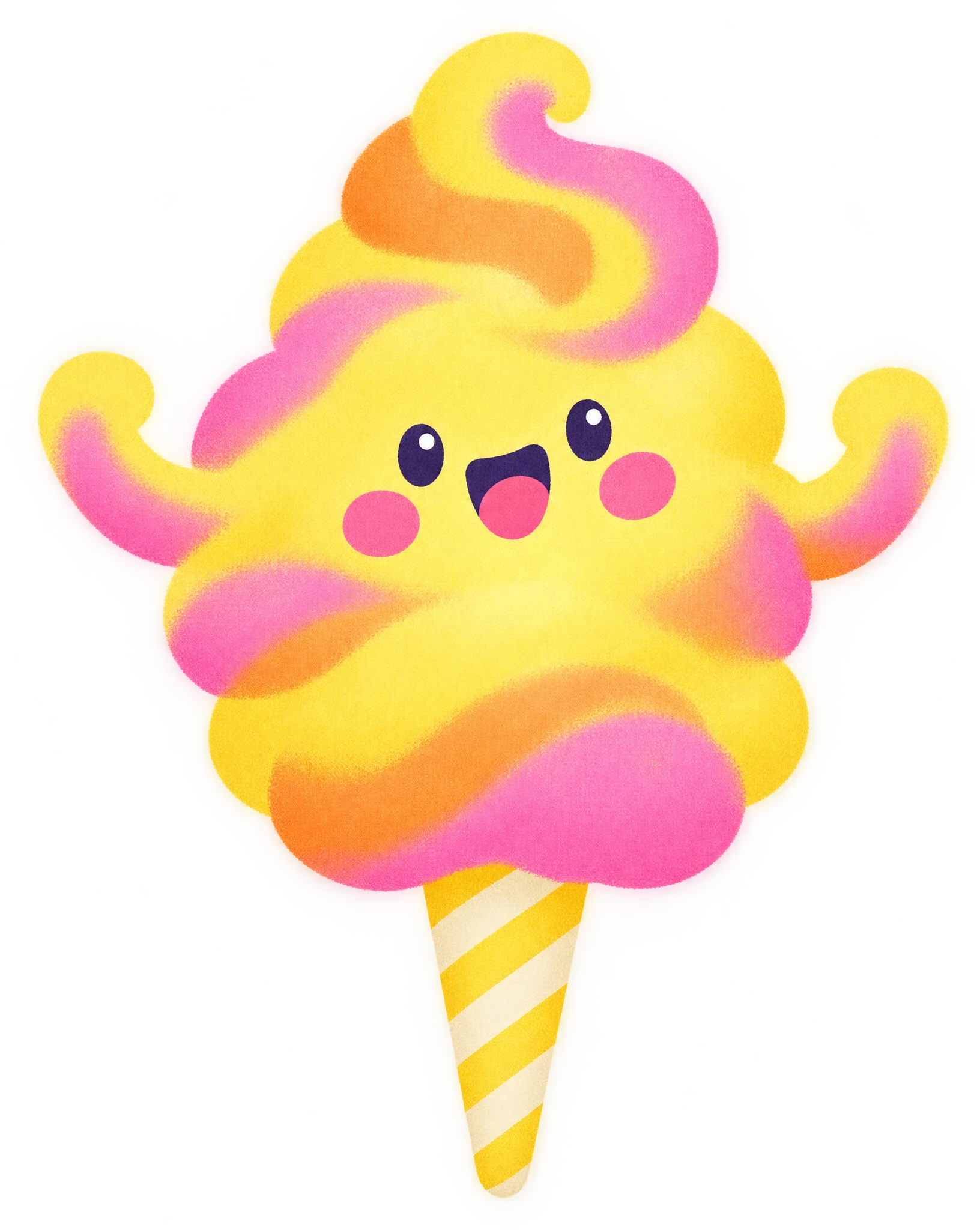 Lemon Hum, a yellow, pink and orange cotton candy puff with an excited open mouth and arms flung wide
