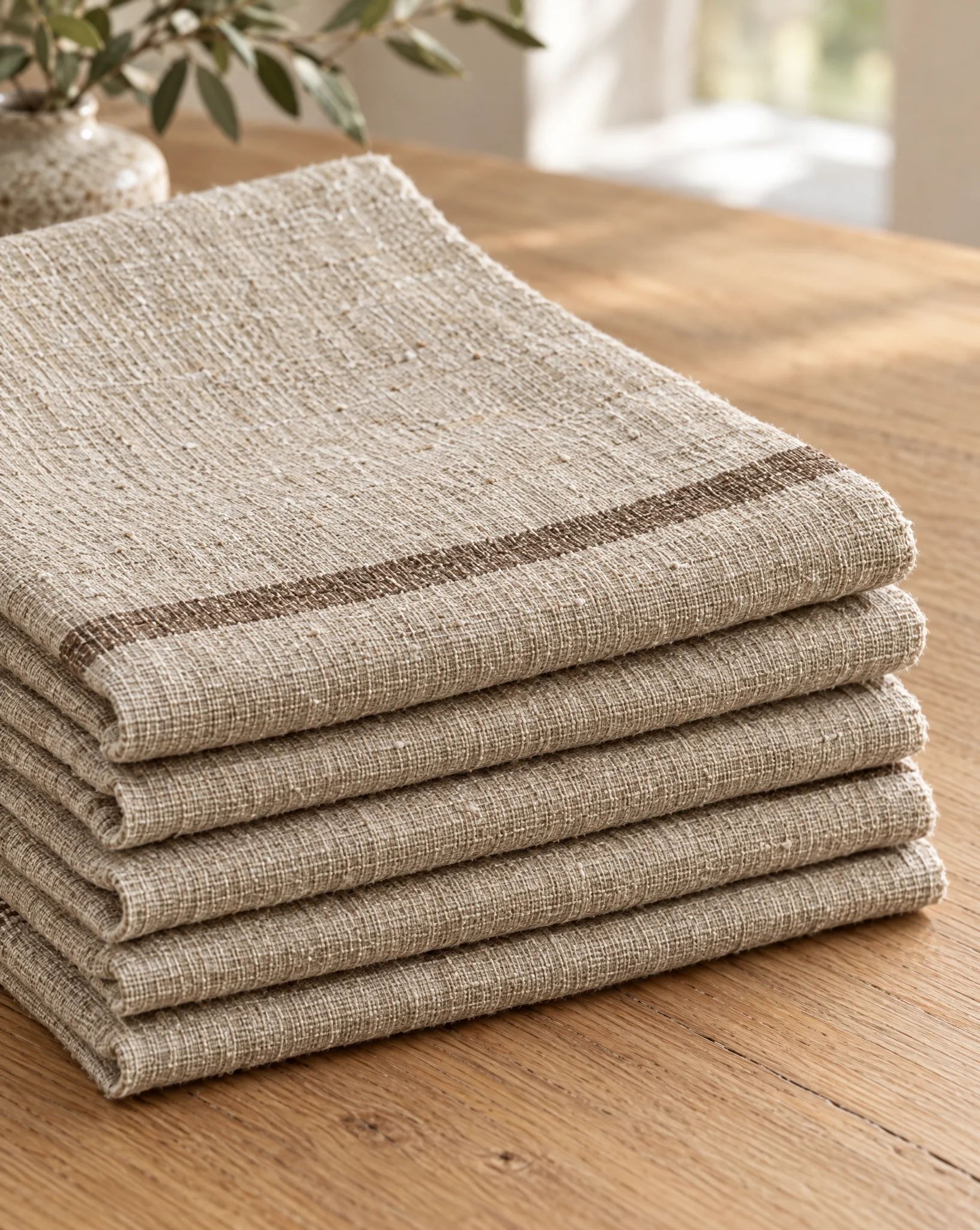 A stack of folded parchment table linen with a narrow umber stripe on an oak table