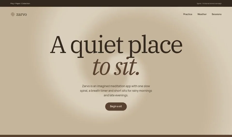 Zarvo, a fictional brand website using Spiral