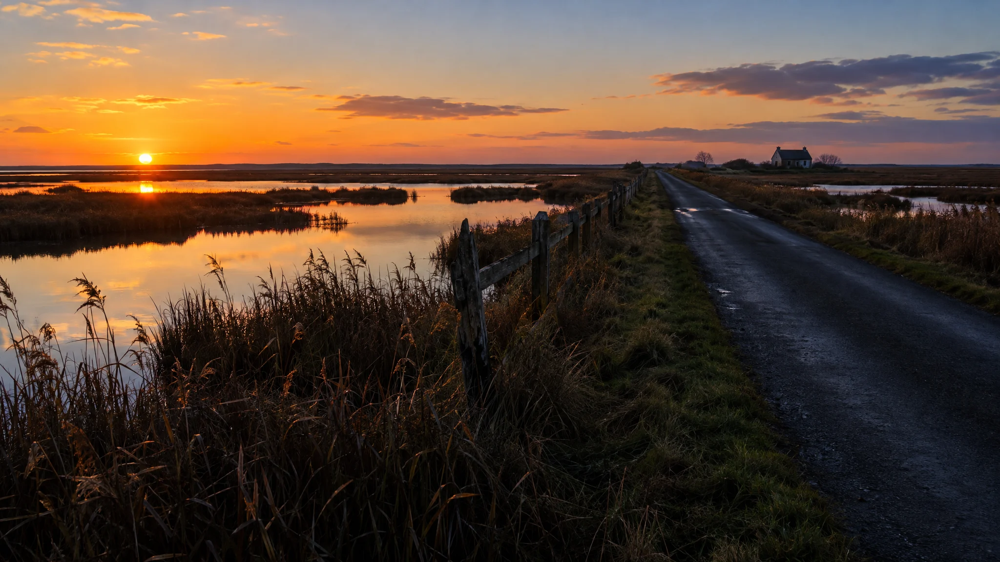 A narrow causeway road crossing a salt marsh at dusk, with reeds, still pools and one distant cottage