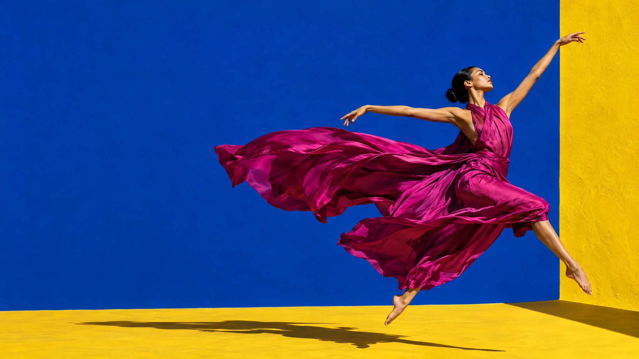 A dancer in a flowing magenta dress leaps against a cobalt wall above a yellow floor