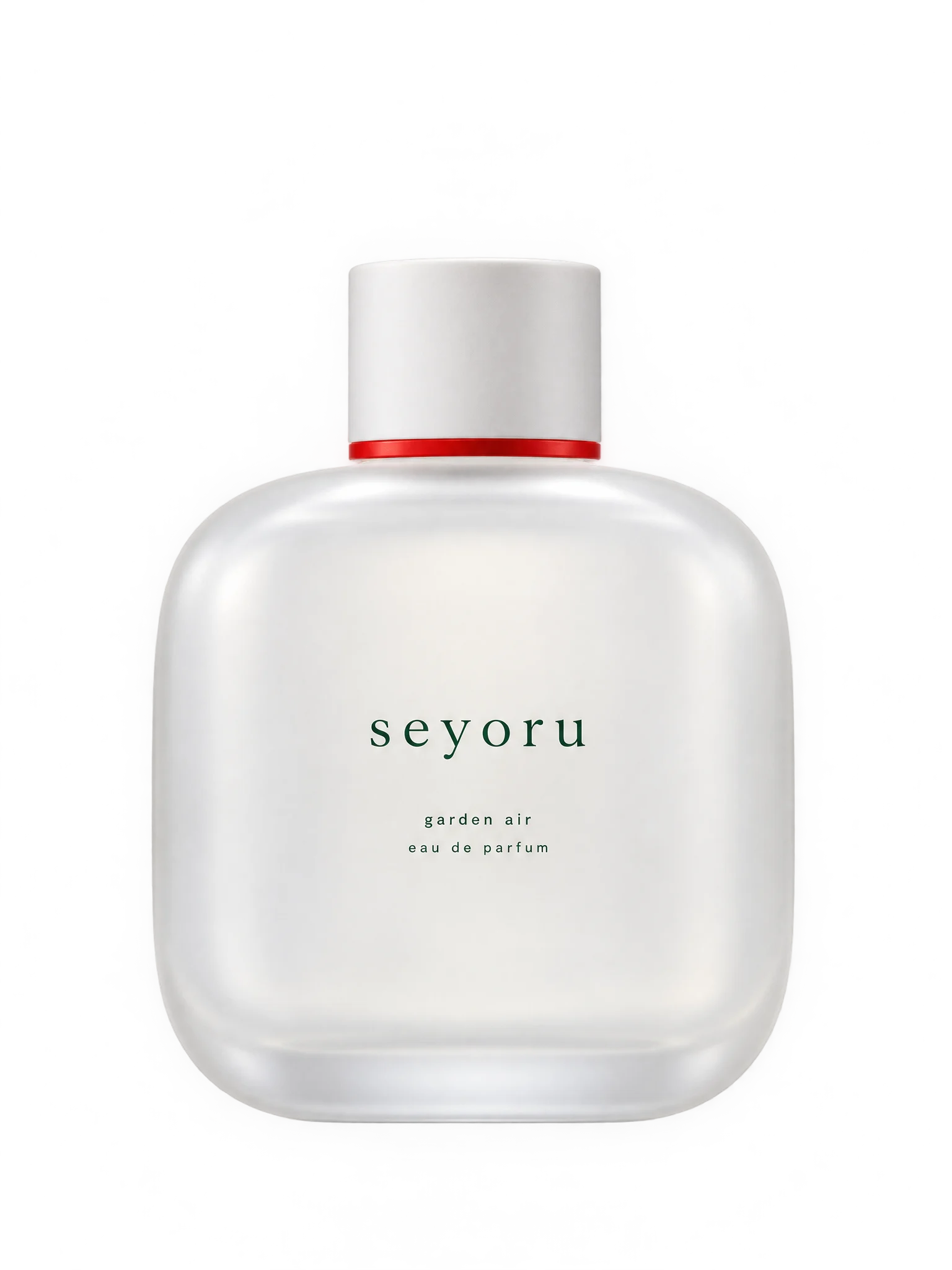 A milky-white frosted Seyoru perfume bottle with a thin red ring below the cap
