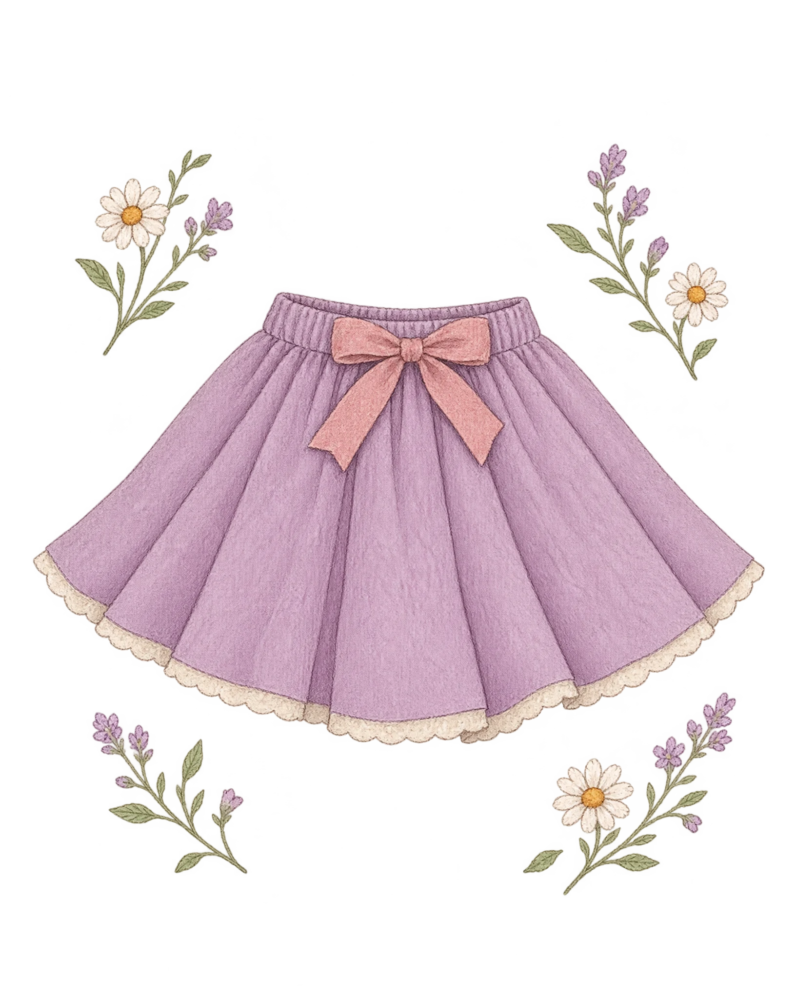 Illustration of an orchid gathered girl's twirl skirt with a dusty rose bow and a scalloped cream hem