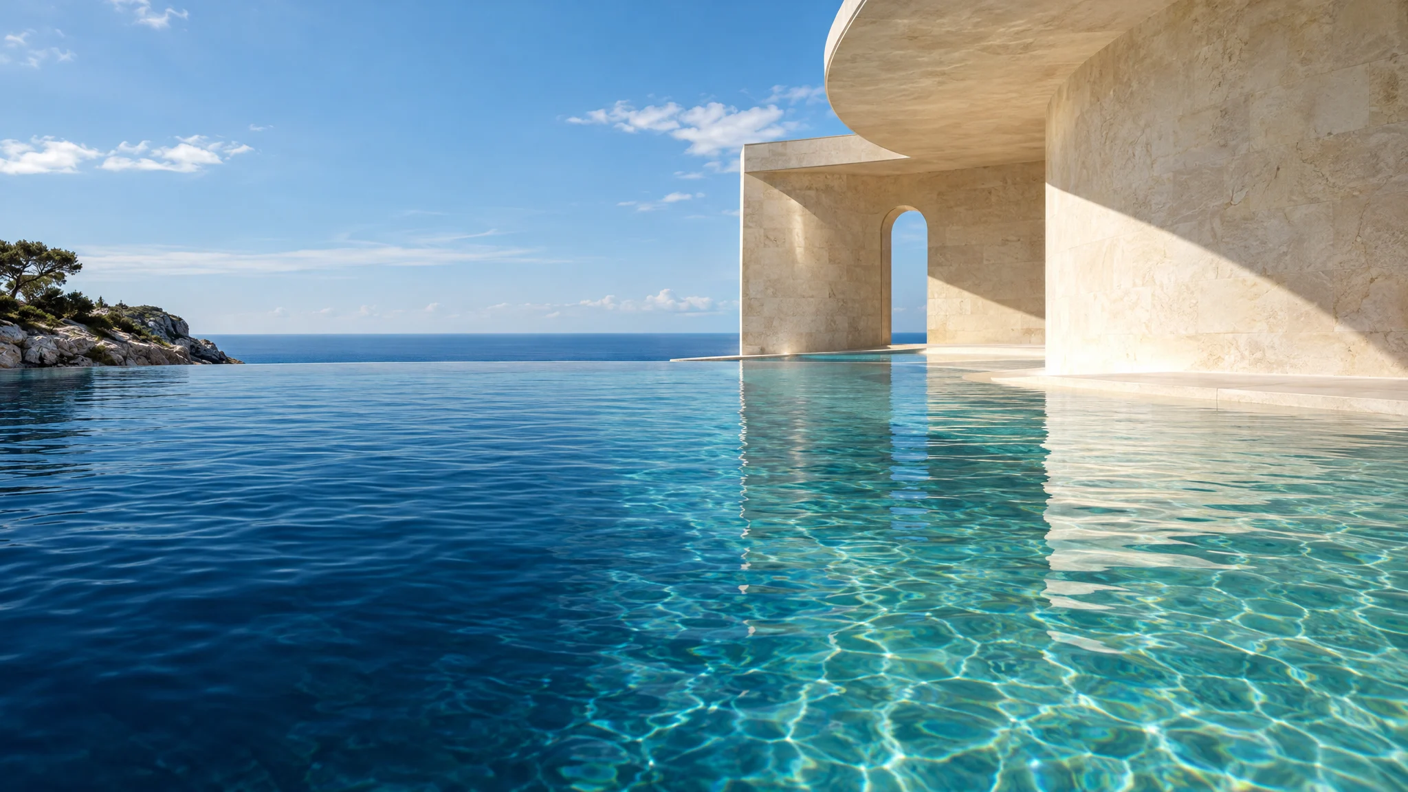 A long limestone bathhouse pool opening onto the sea beneath a clear sky