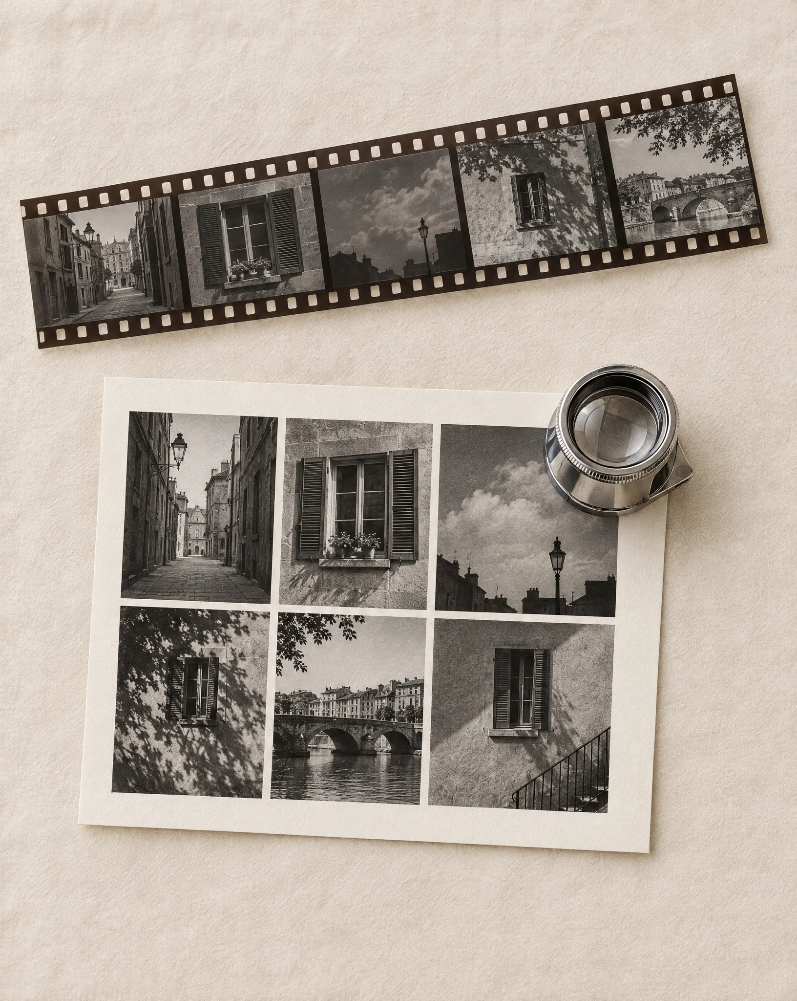 A developed black-and-white film strip above a contact sheet of street scenes, with a chrome loupe