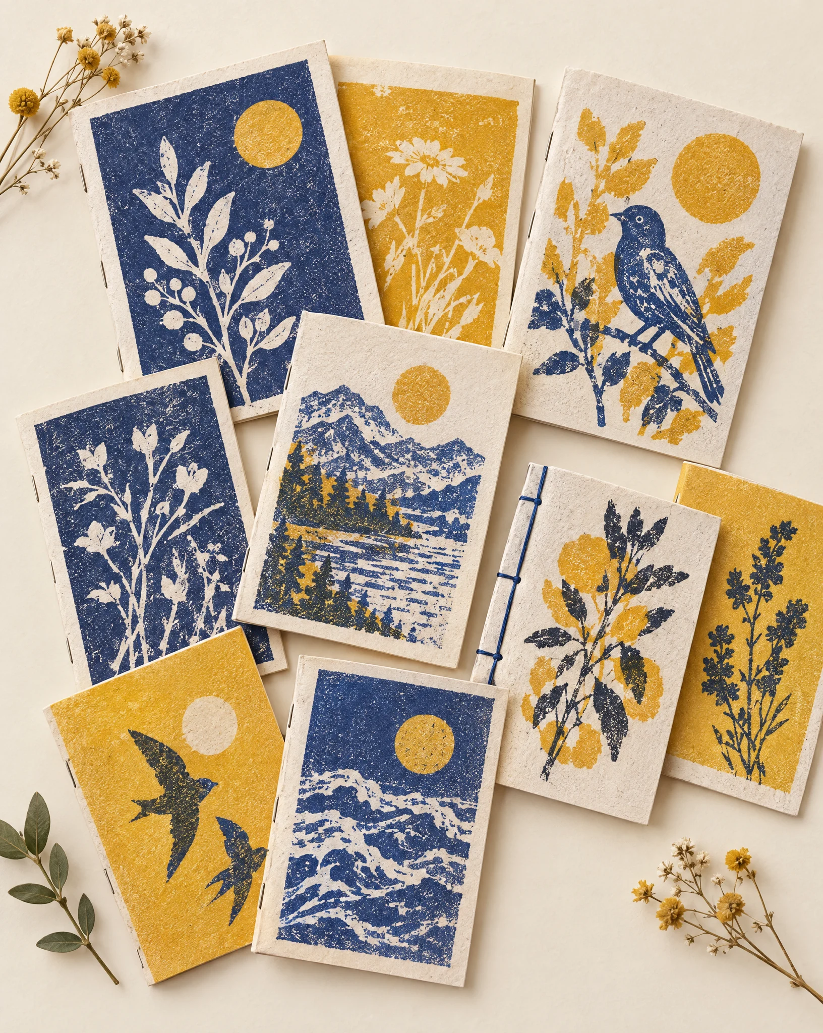 Nine stitched zines printed in blue and ochre, with leaves, birds, mountains and suns on their covers