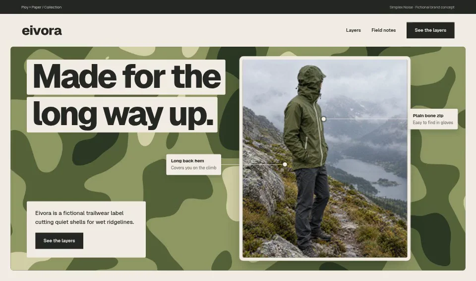 Eivora, a fictional brand website using Simplex Noise