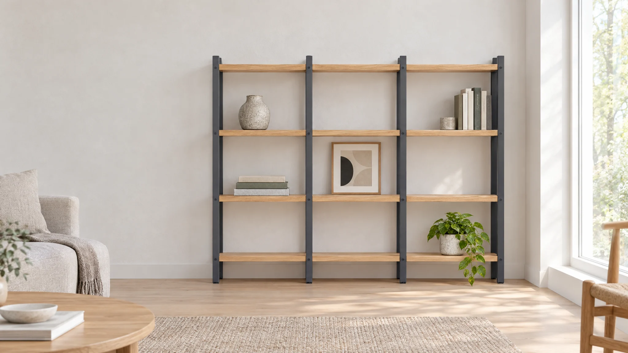A bright living room with a long three-bay graphite and oak shelving unit on a white wall beside a sofa