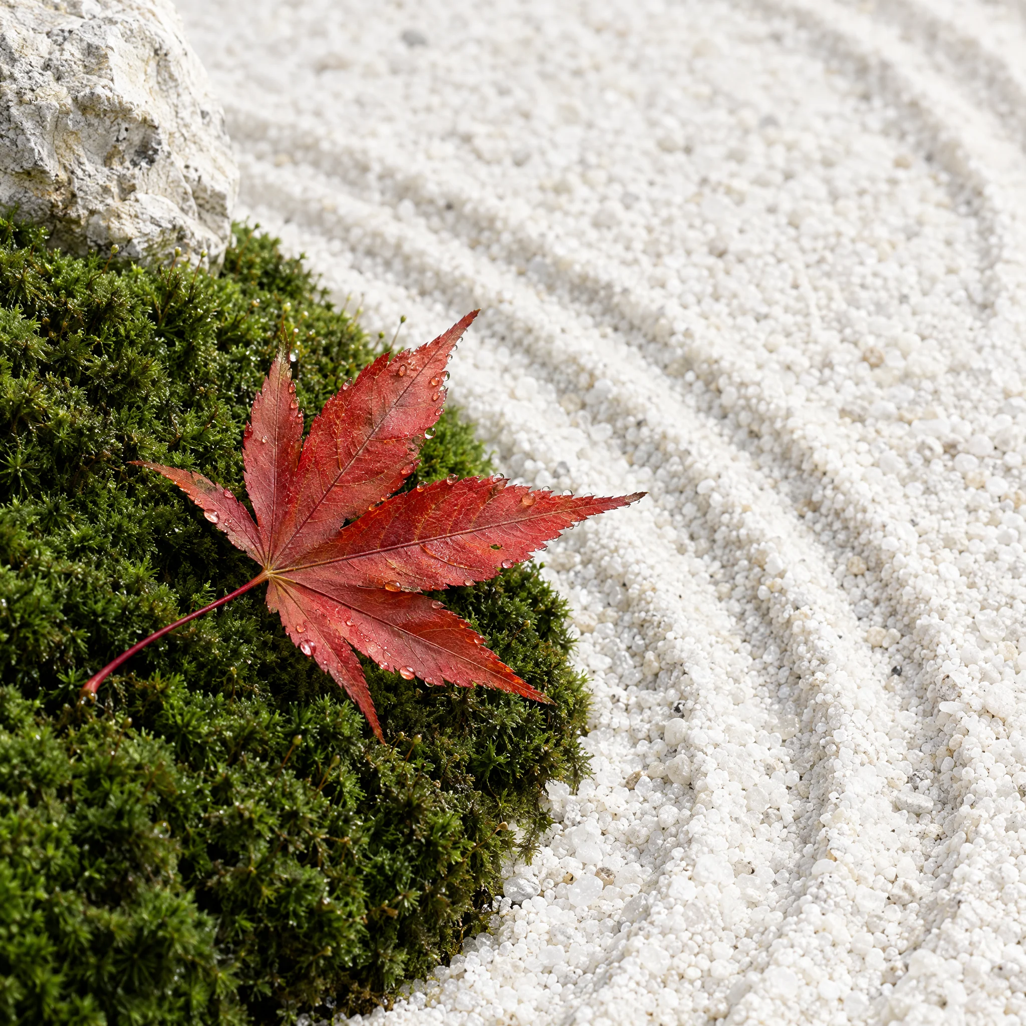 A red maple leaf resting on green moss beside white raked gravel