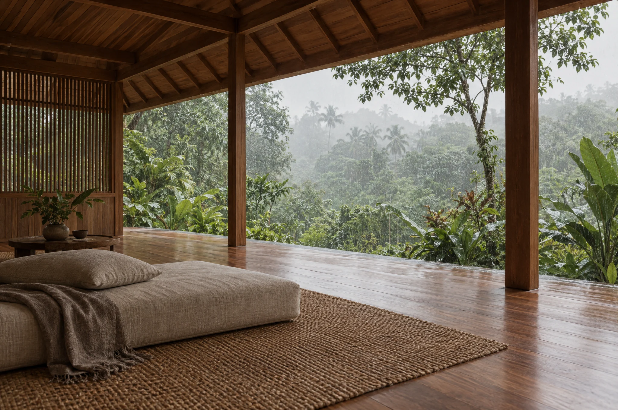 An open-sided teak pavilion with a linen floor cushion on a rattan mat, rain falling on the forest beyond