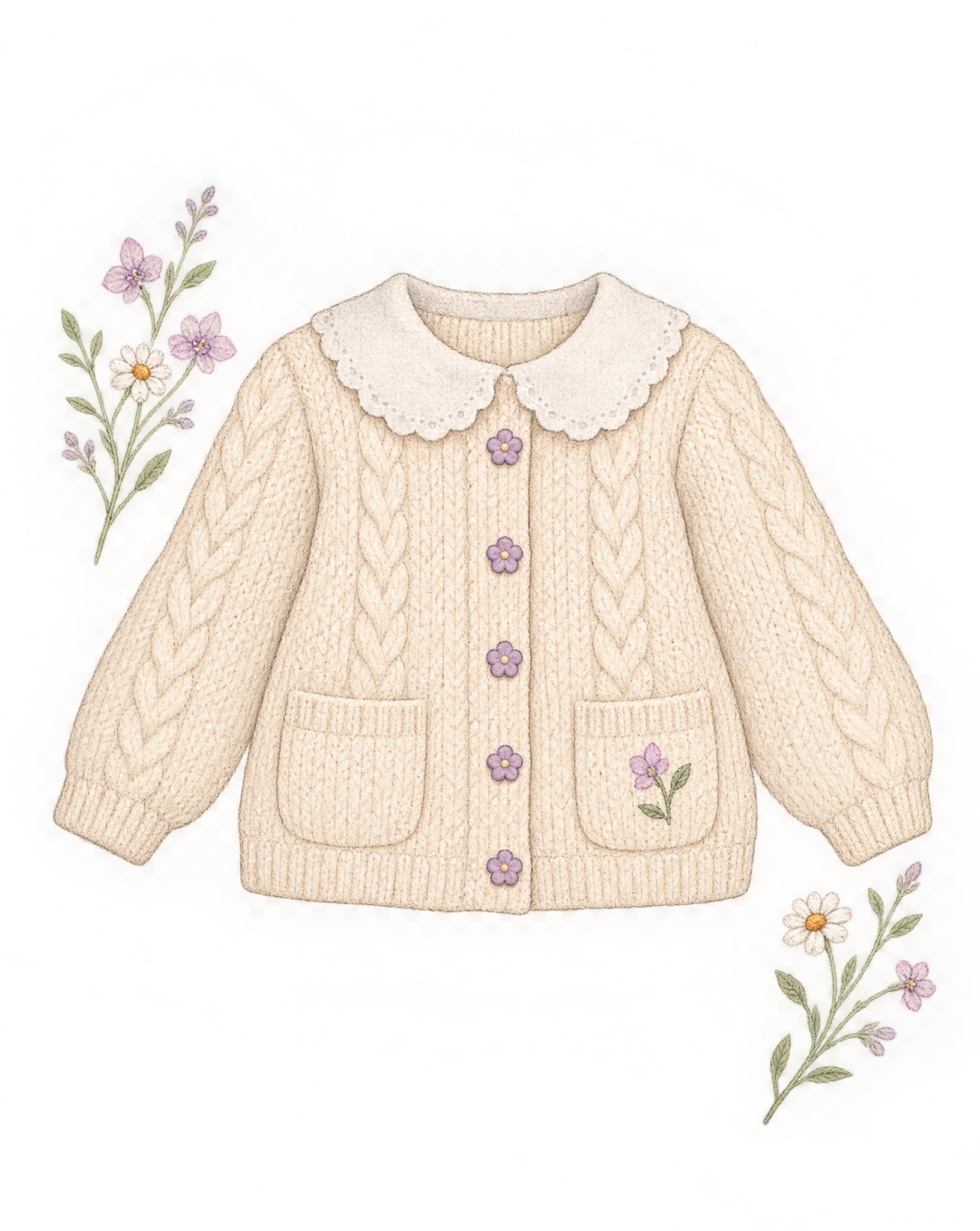 Illustration of a cream cable-knit girl's cardigan with a scalloped white collar and orchid flower buttons