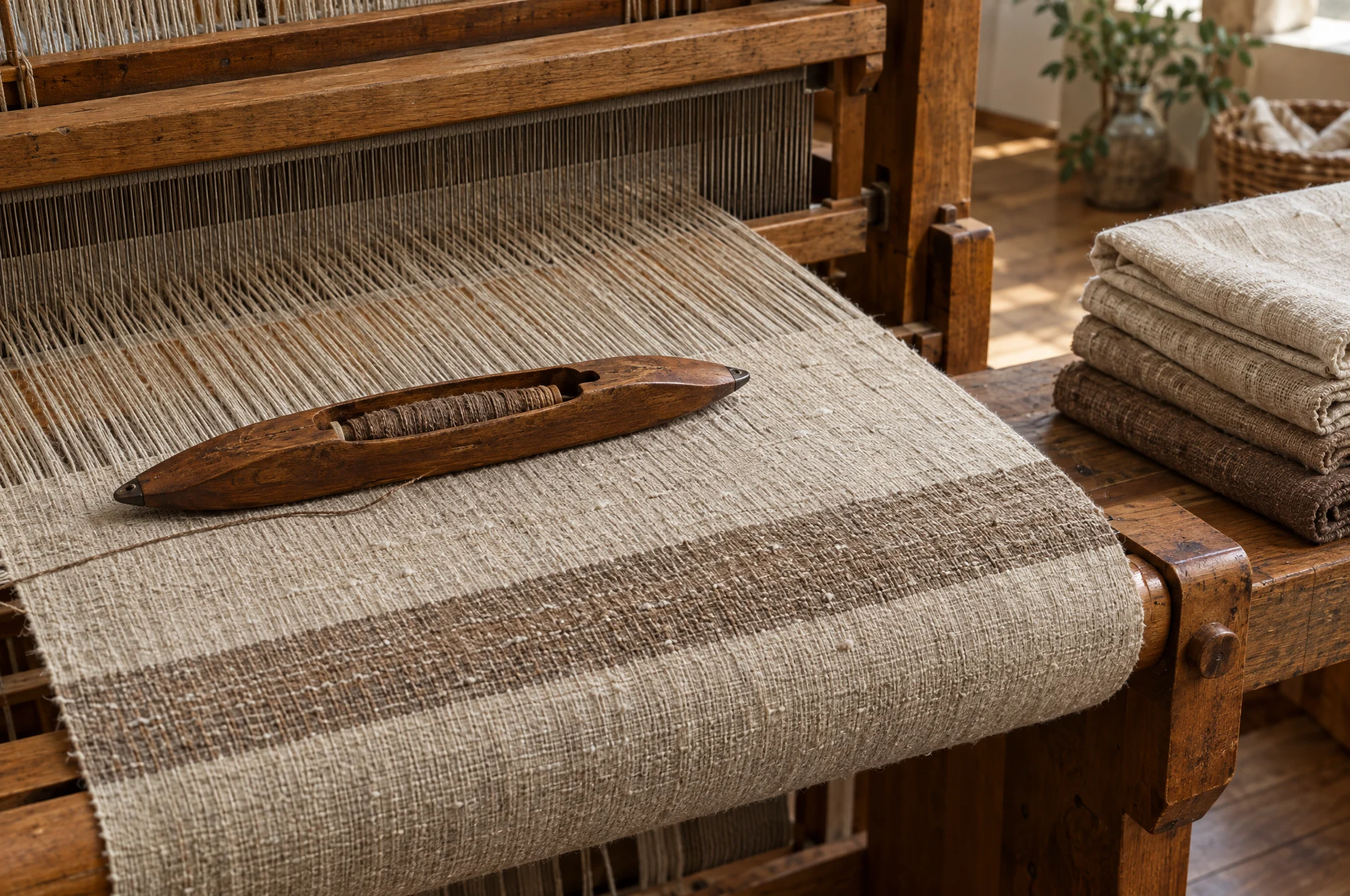 Parchment linen with an umber stripe on a wooden floor loom, a wooden shuttle resting on the cloth beside folded lengths