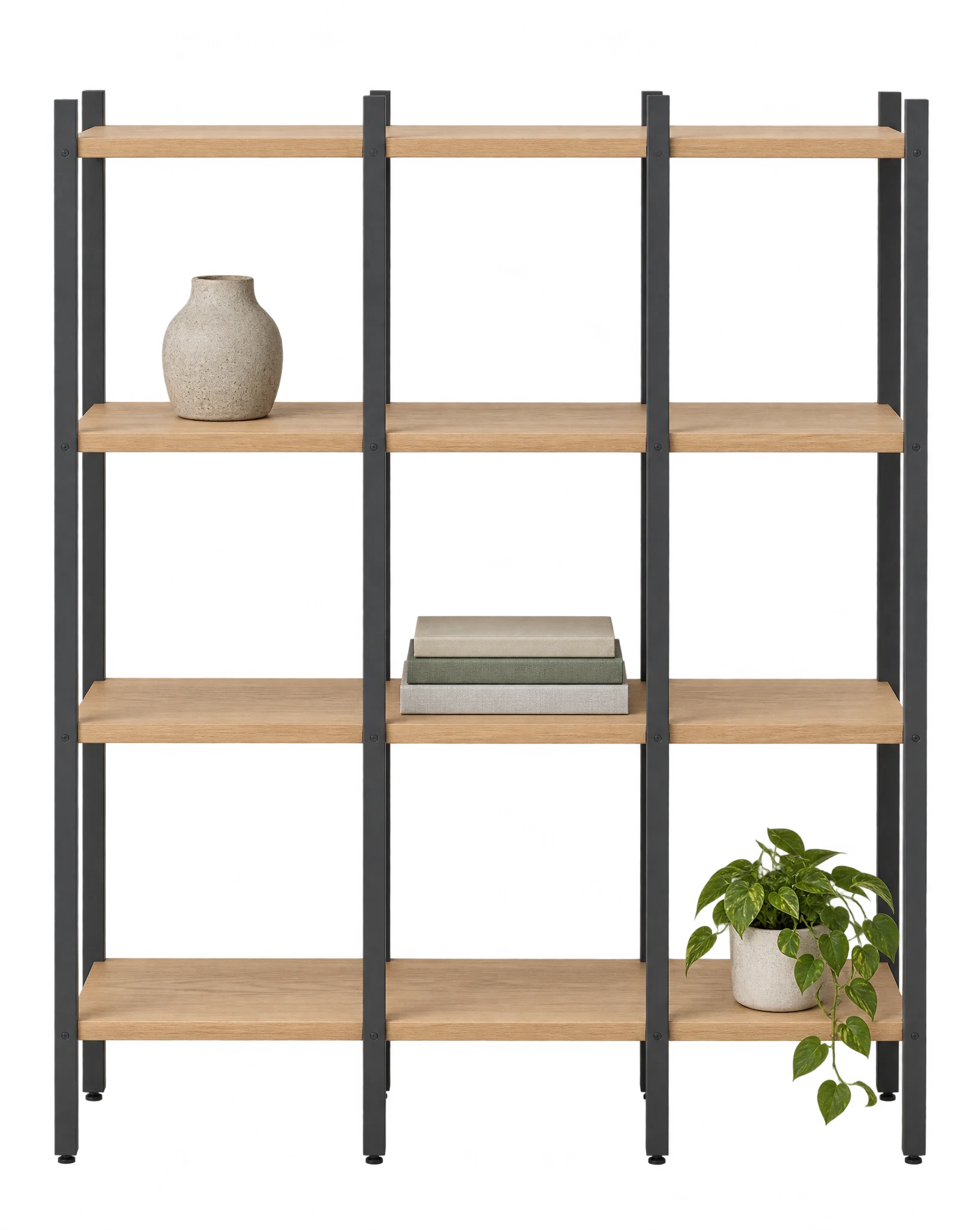 A three-bay shelving unit with graphite steel uprights and four oak shelves holding a vase, books and a plant