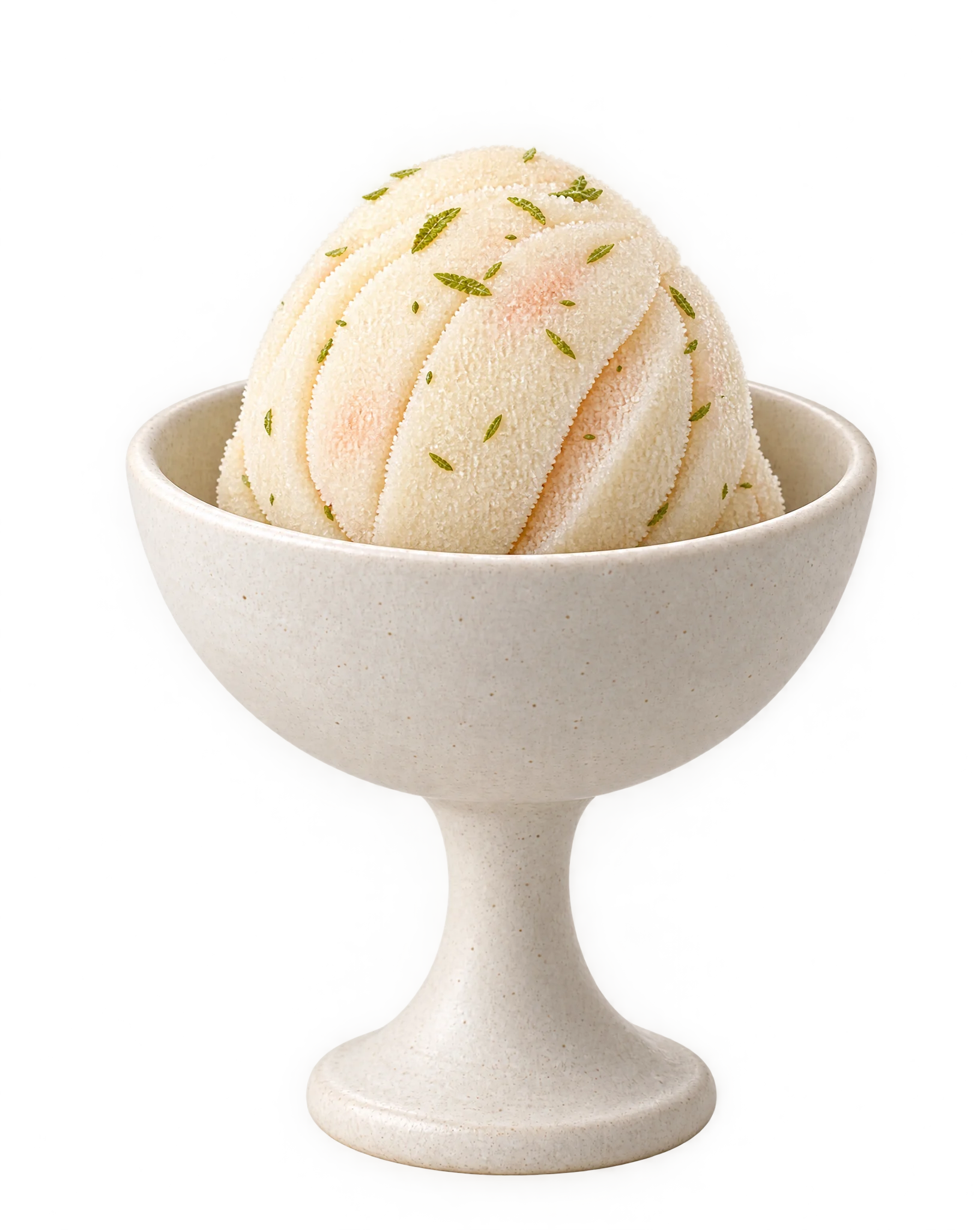 A ridged scoop of pale white peach sorbet