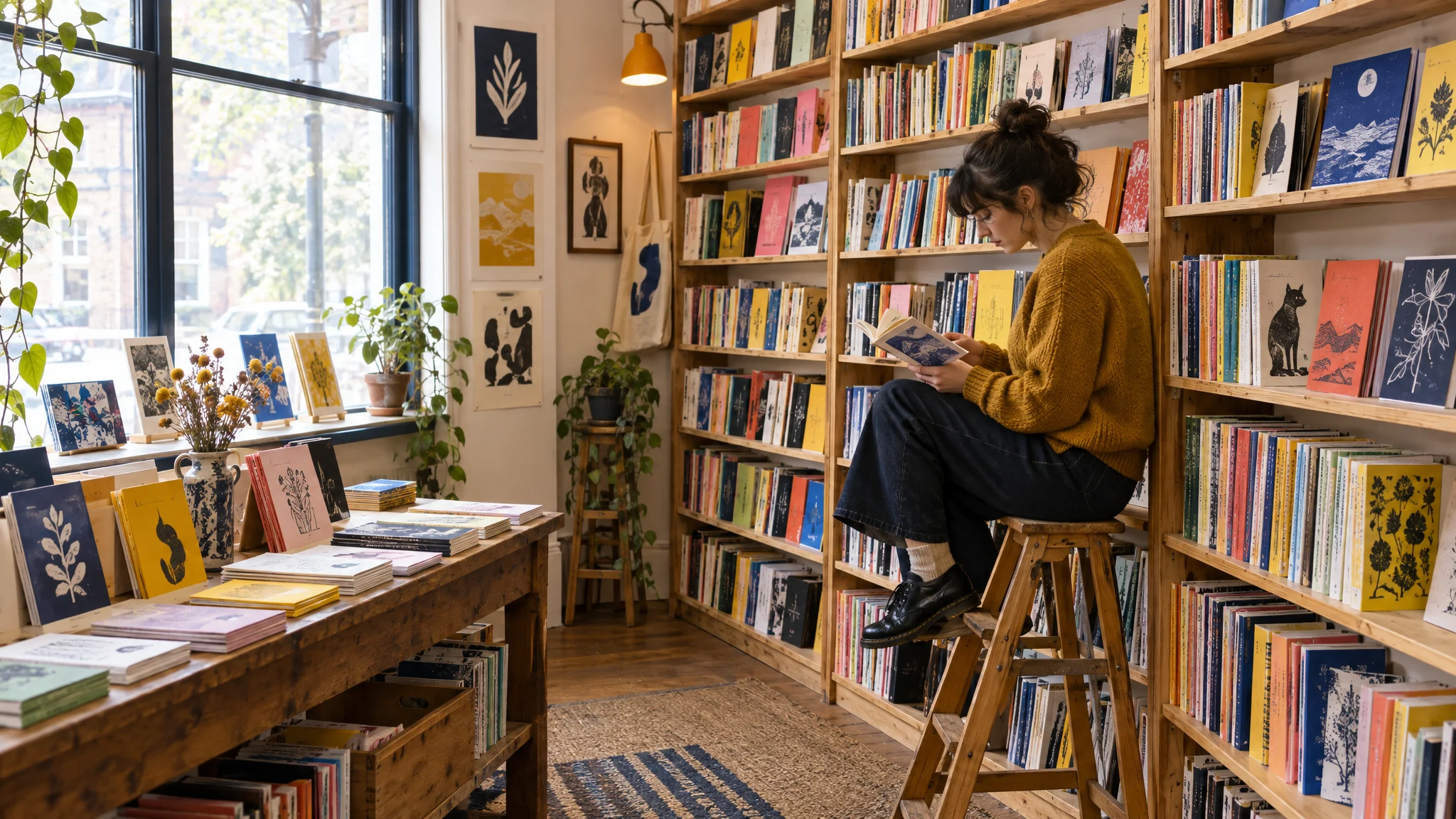 A reader in a mustard sweater sits on a wooden step stool between tall bookshelves in a sunlit shop