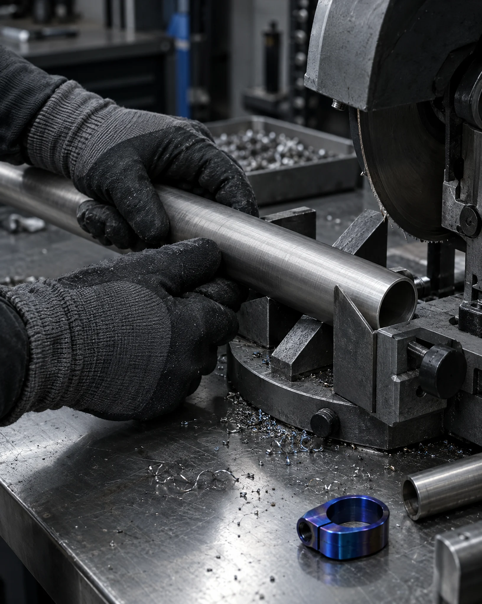 Gloved hands guiding a titanium tube into a cutting saw on a steel workbench