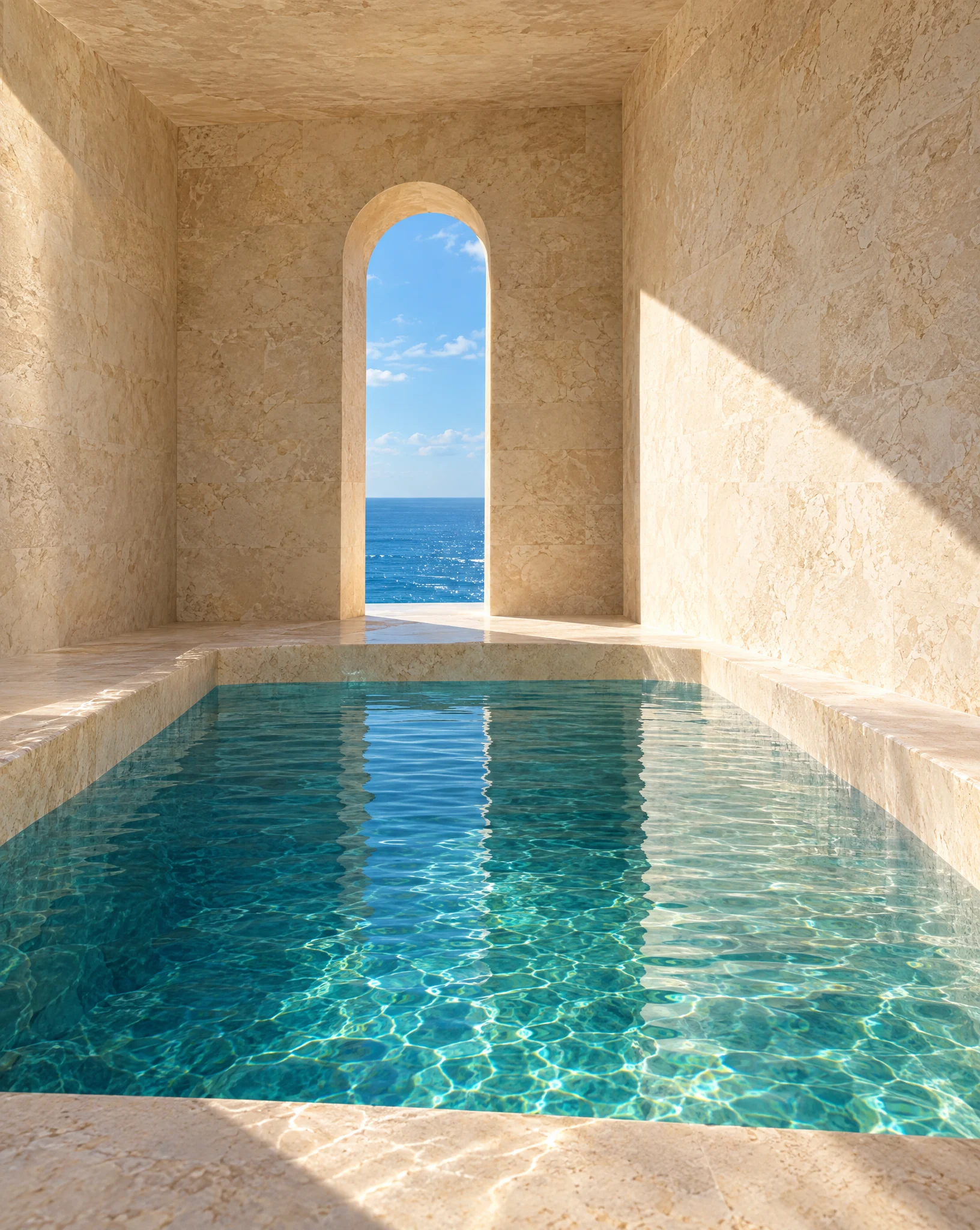 A small cold plunge basin under a limestone arch that frames the sea