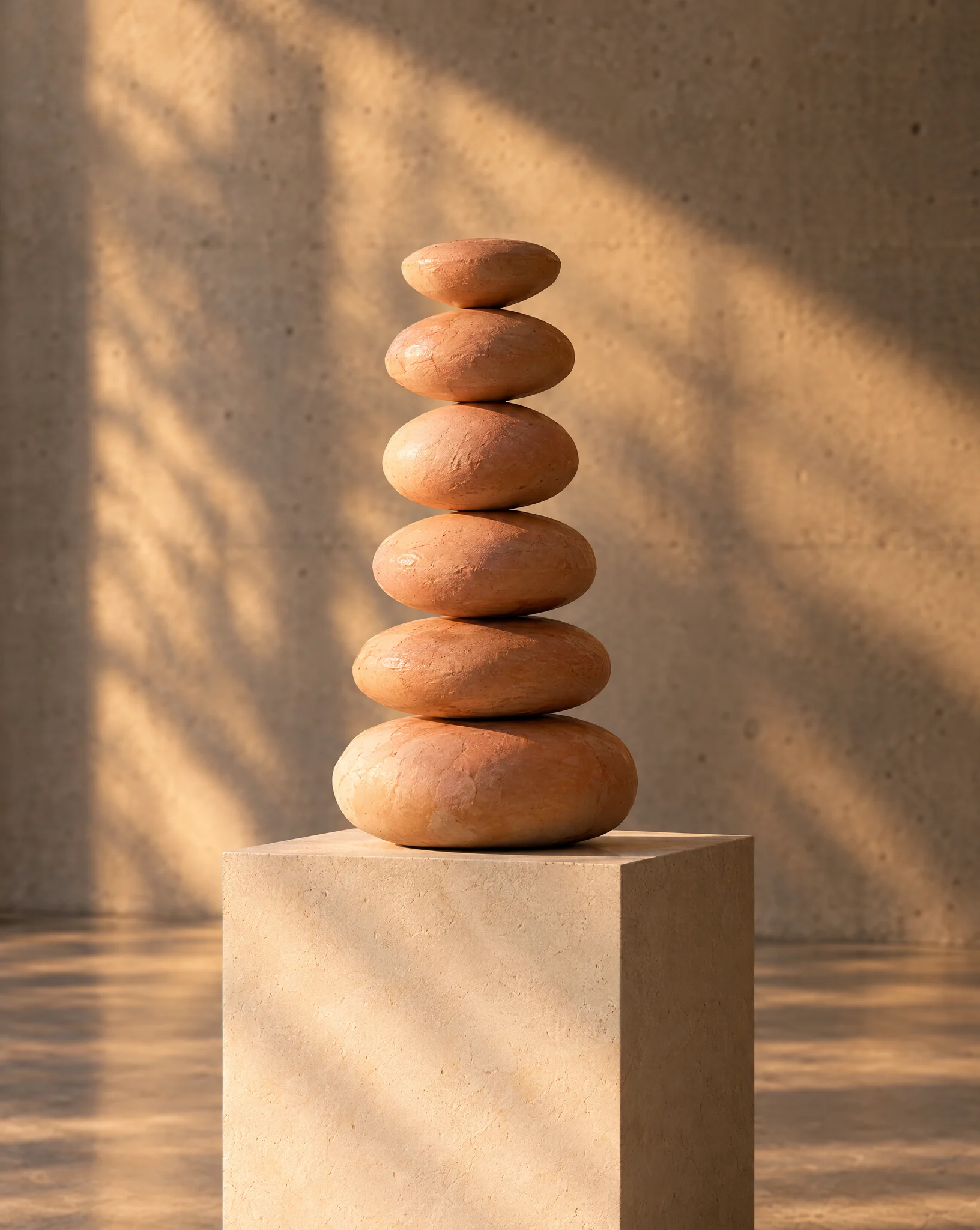 Six stacked peach clay discs balanced on a limestone plinth