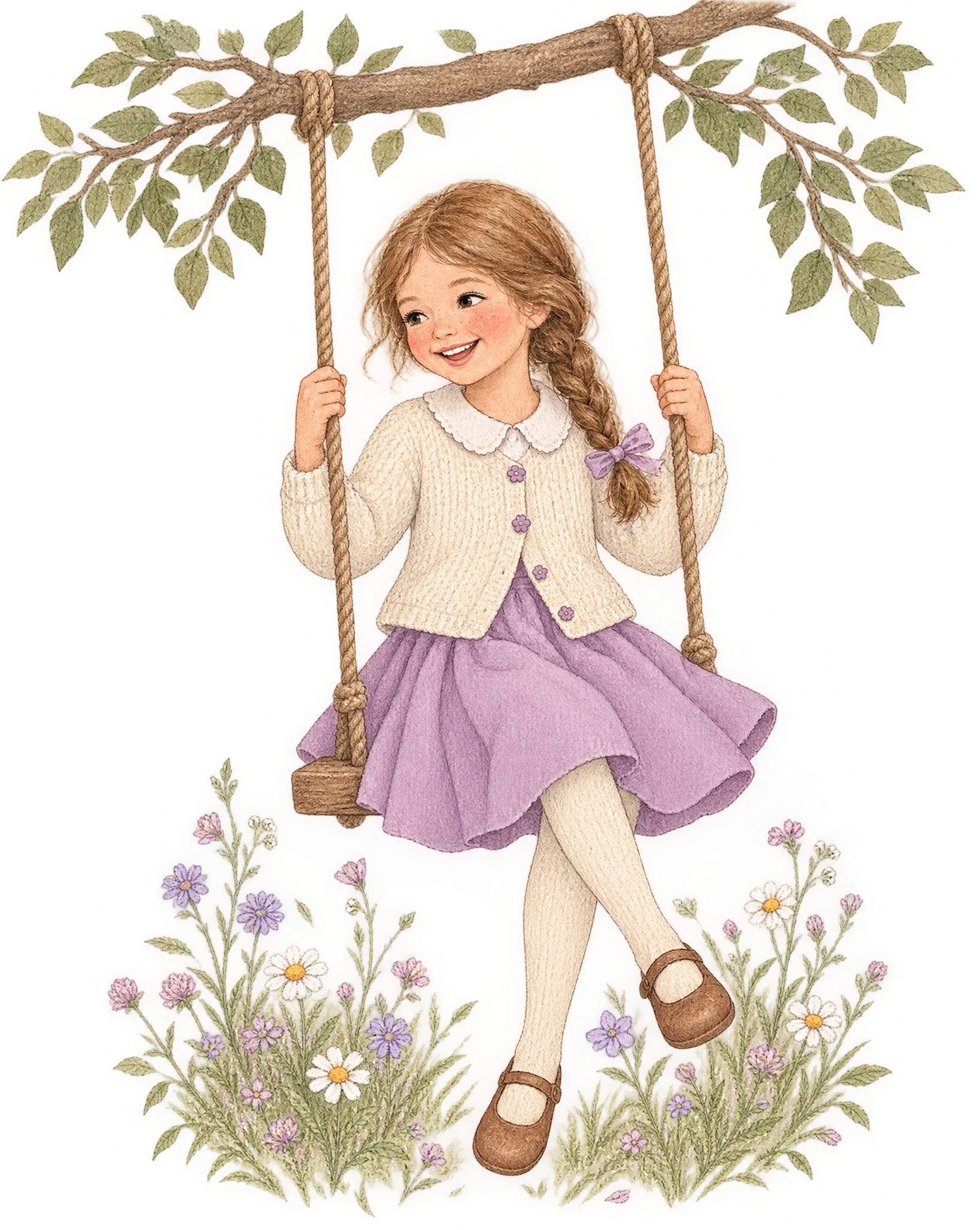 A smiling girl with a braided ponytail on a wooden rope swing, wearing a cream cardigan, orchid skirt and cream tights above wildflowers