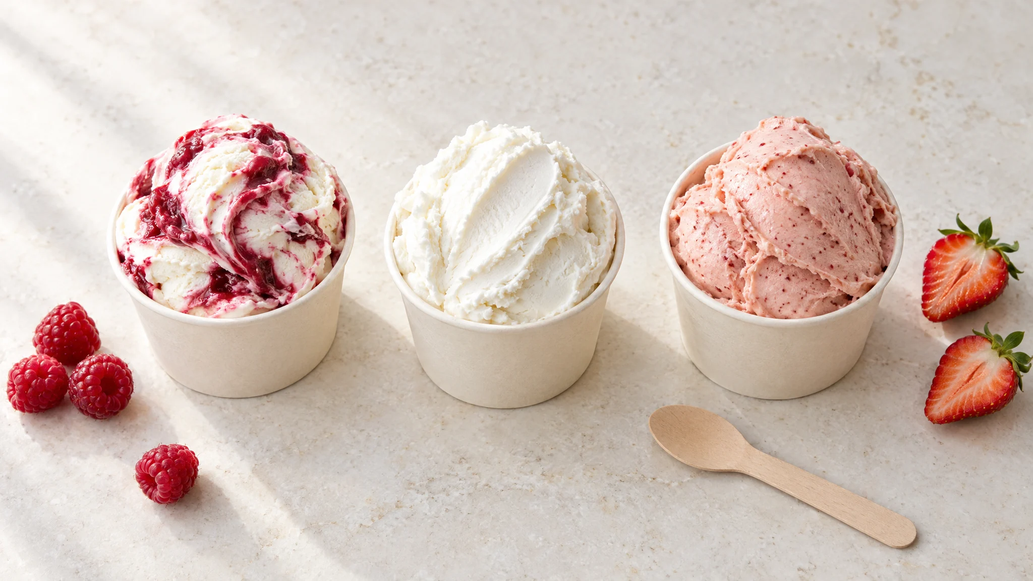 Cups of raspberry, vanilla and strawberry gelato lined up on a cream counter