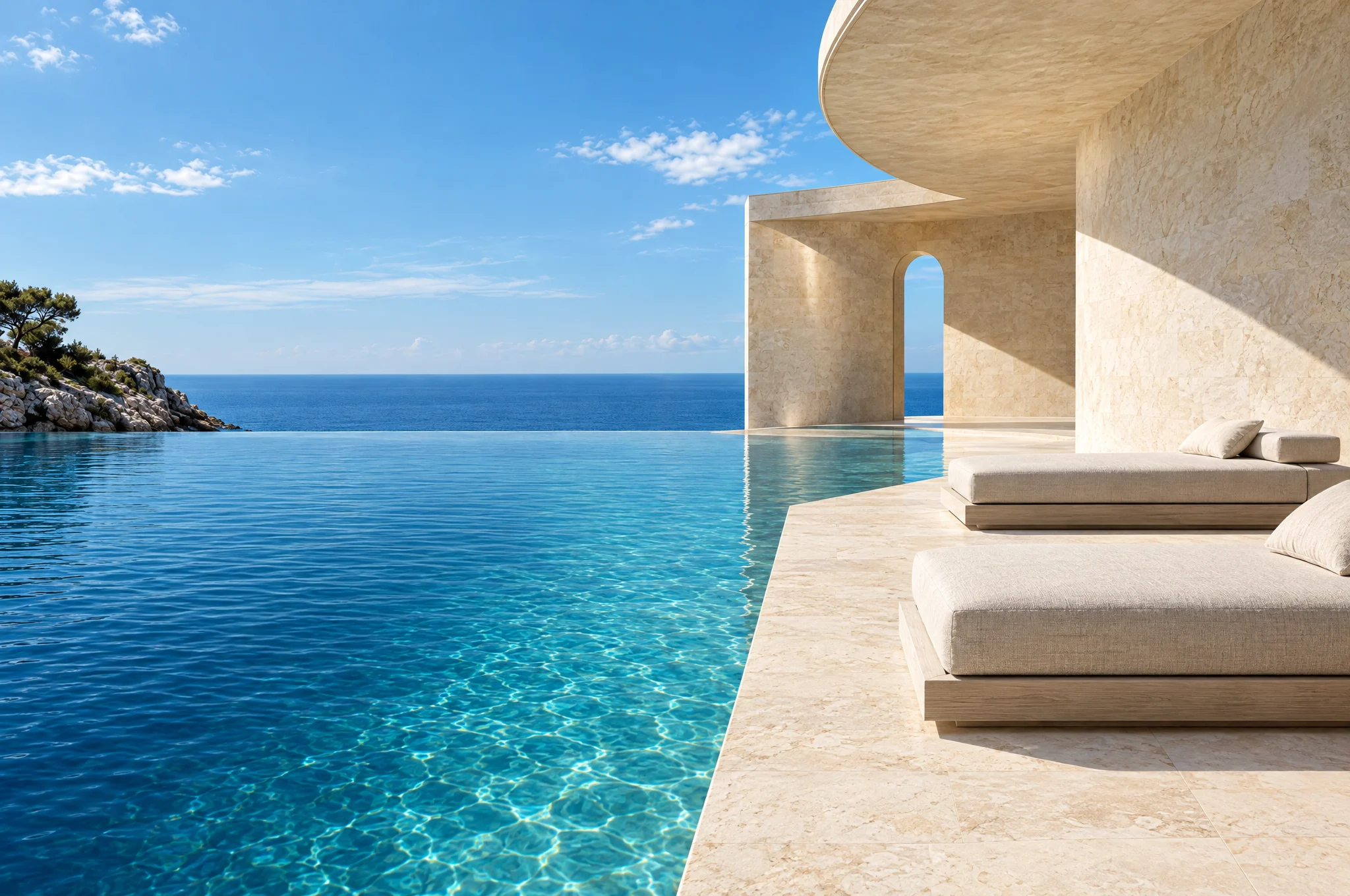 Linen daybeds on a limestone terrace beside an infinity pool and the open sea