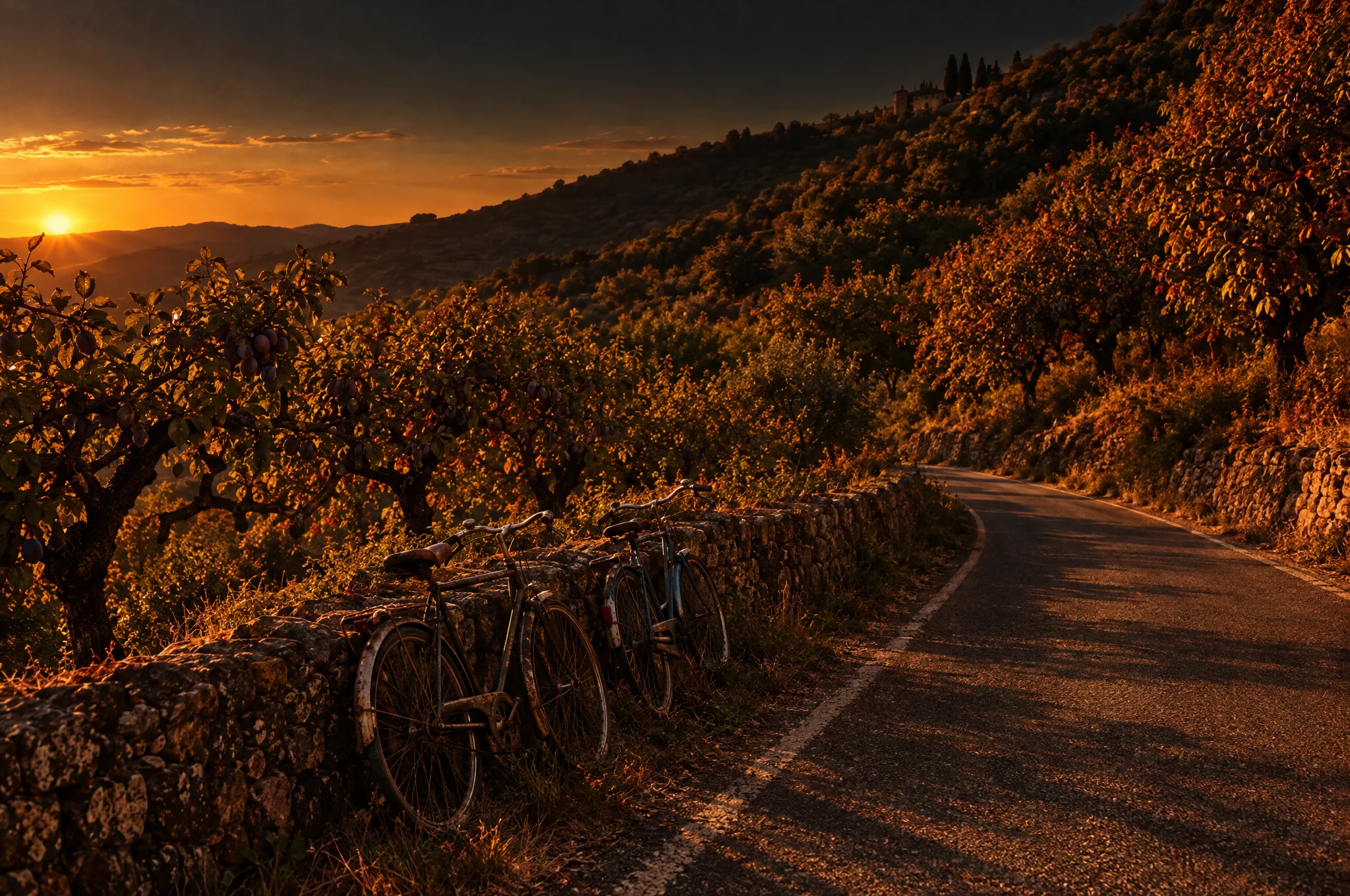 Two bicycles leaning on a stone wall beside an orchard road in late light