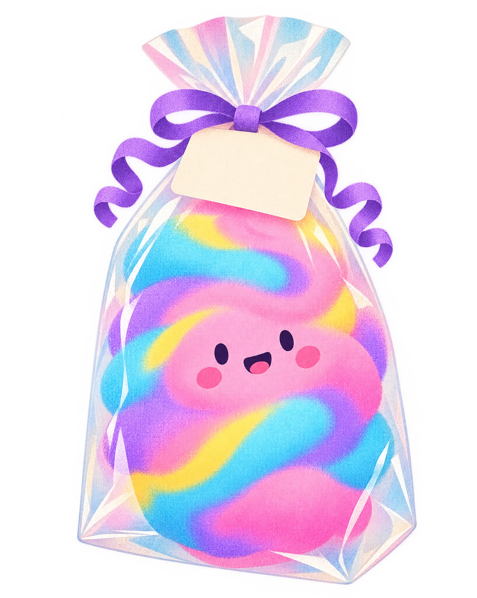 A clear cellophane bag tied with a curly grape ribbon, stuffed with swirled pink, cyan, violet and yellow cotton candy that smiles through the film