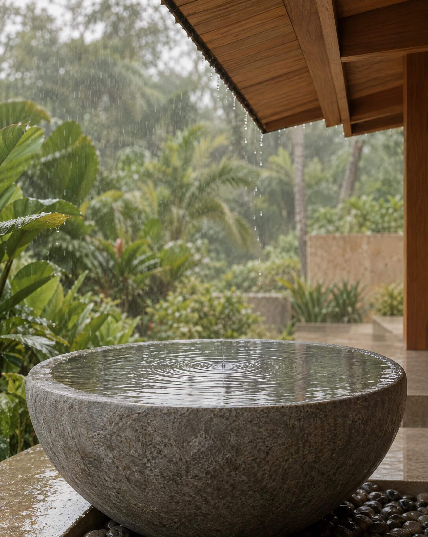 Rain falling from teak eaves into a round stone basin, with wet tropical foliage behind