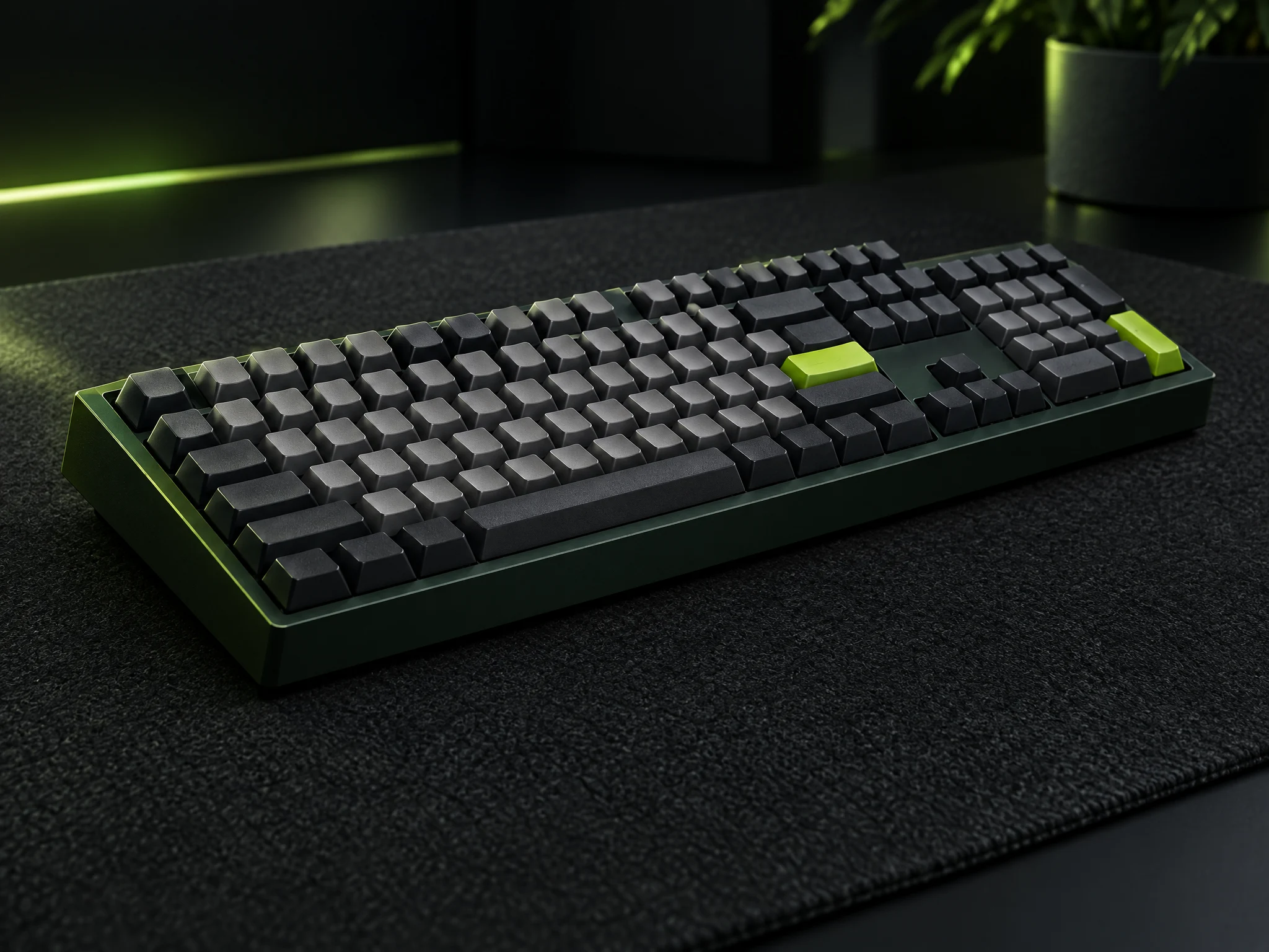 A full-size graphite keyboard with a number pad and two lime keys on a dark desk mat