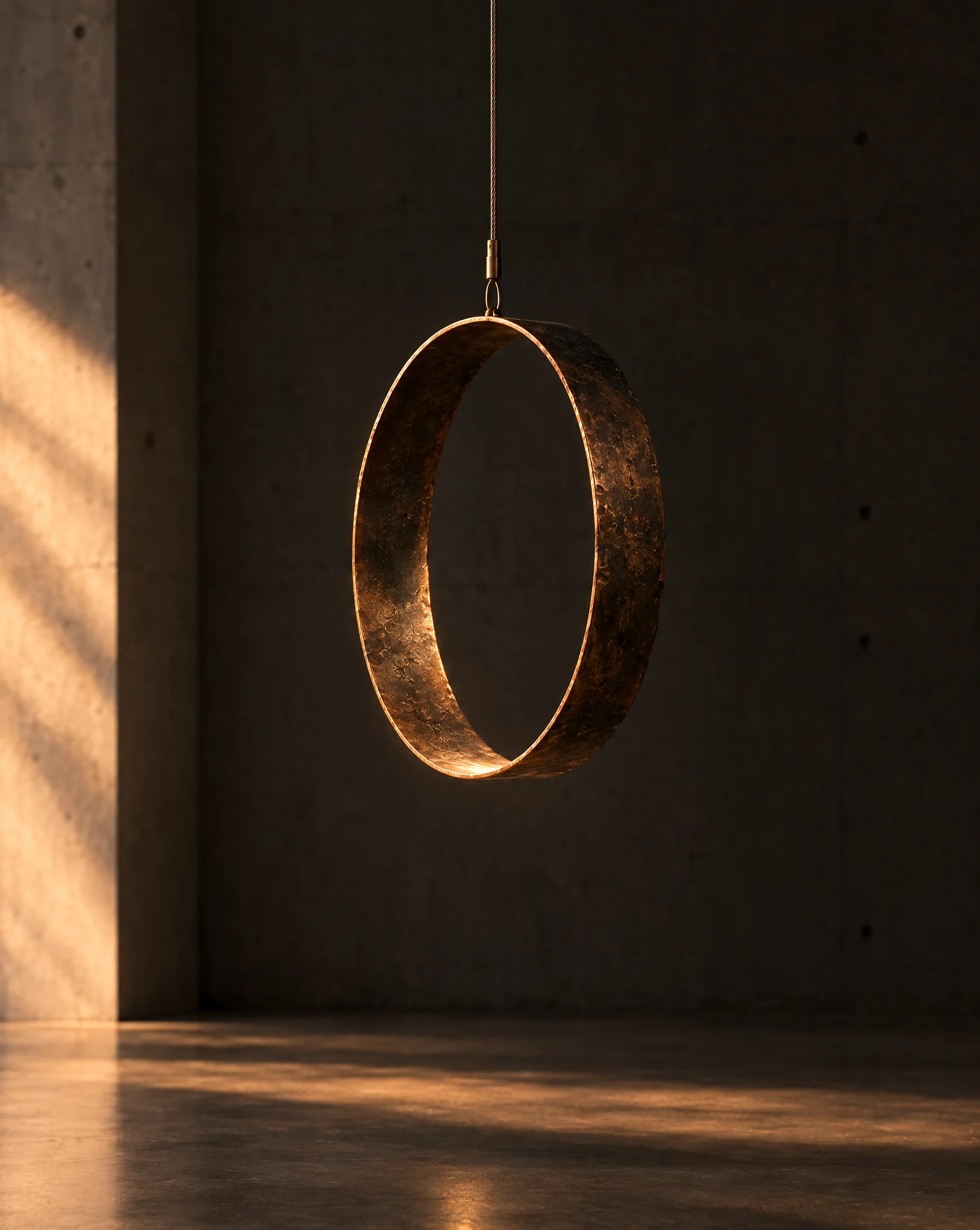 A patinated bronze ring hanging from a thin cable in a dim concrete room