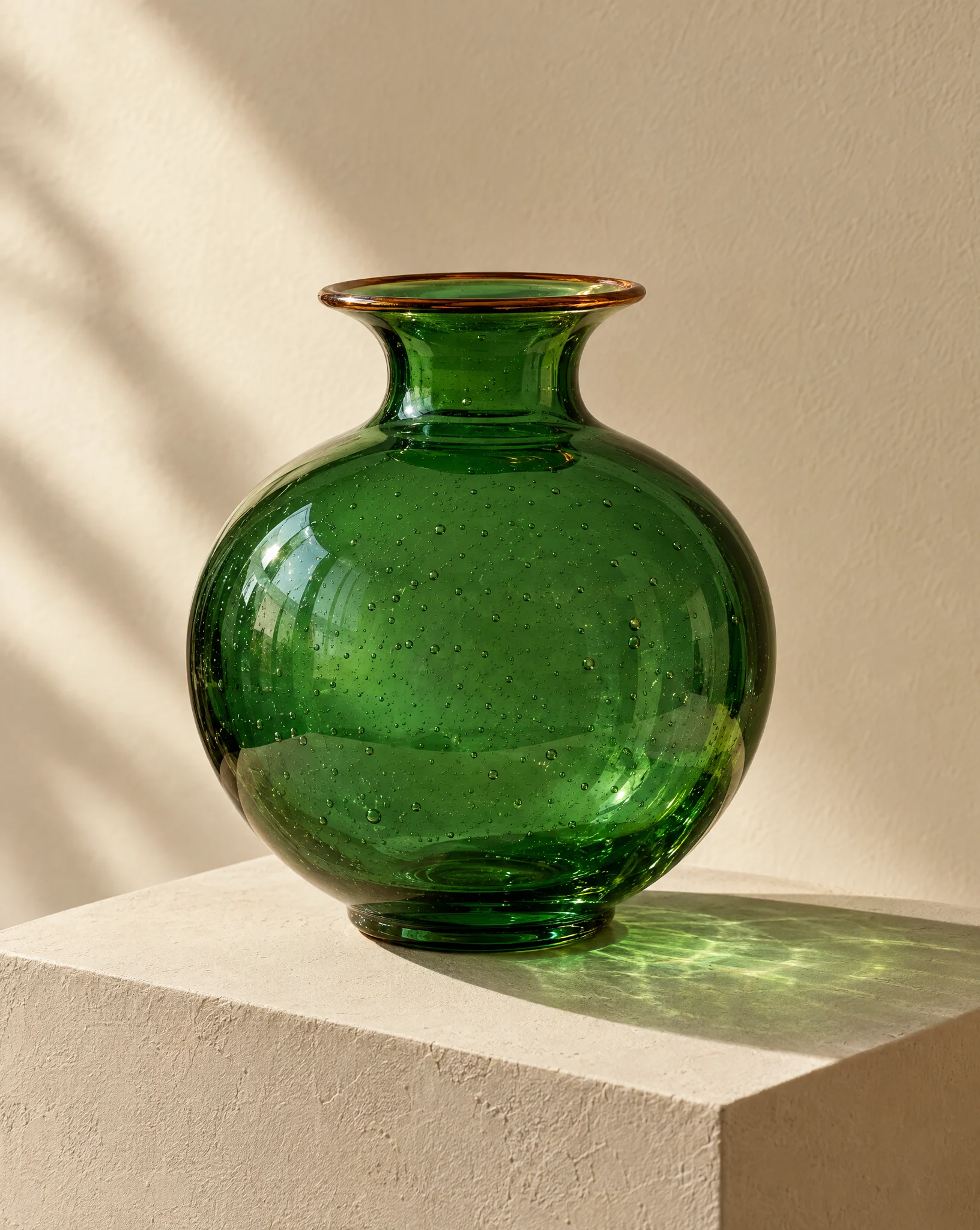 A round emerald glass vessel with a bronze lip on a plaster plinth in afternoon light