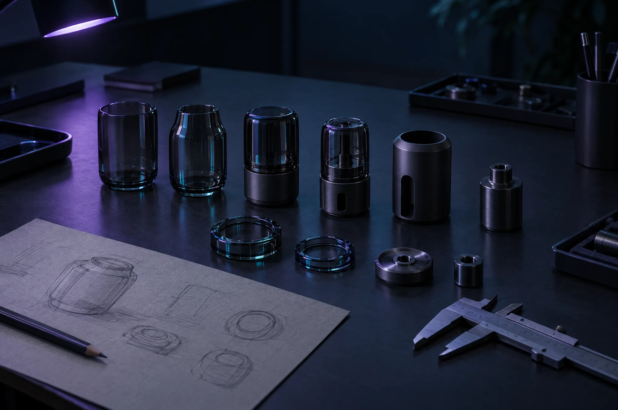 Smoked-glass and dark aluminium prototypes lined up on a workbench beside a pencil sketch and calipers