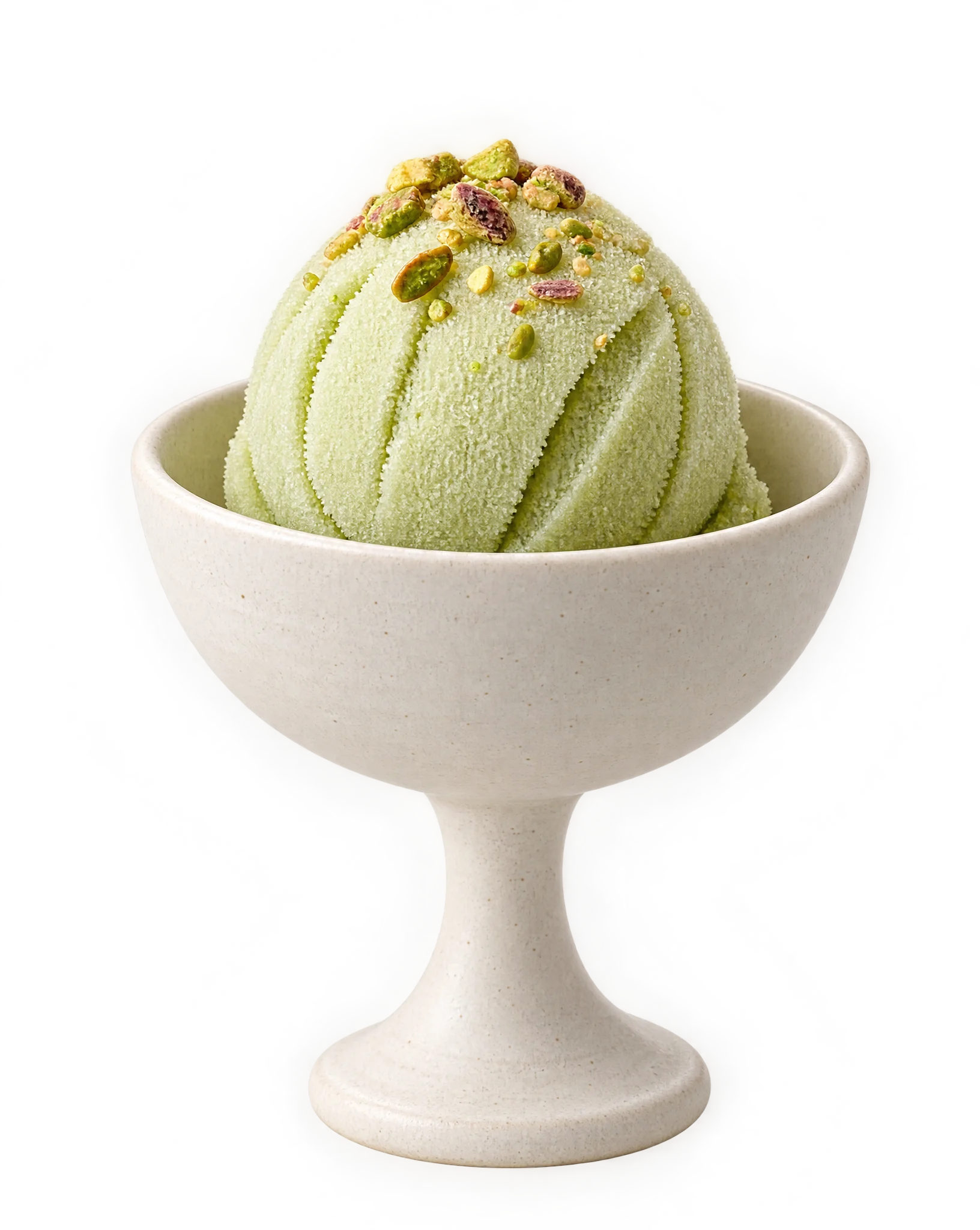 A ridged scoop of soft green pistachio sorbet