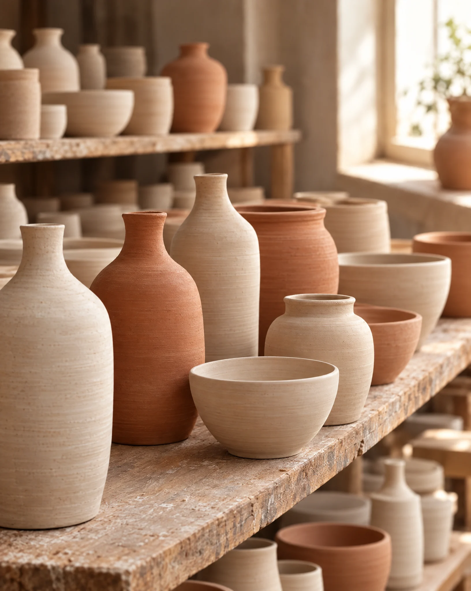 Unfired terracotta and pale stoneware vessels resting on wooden studio shelves