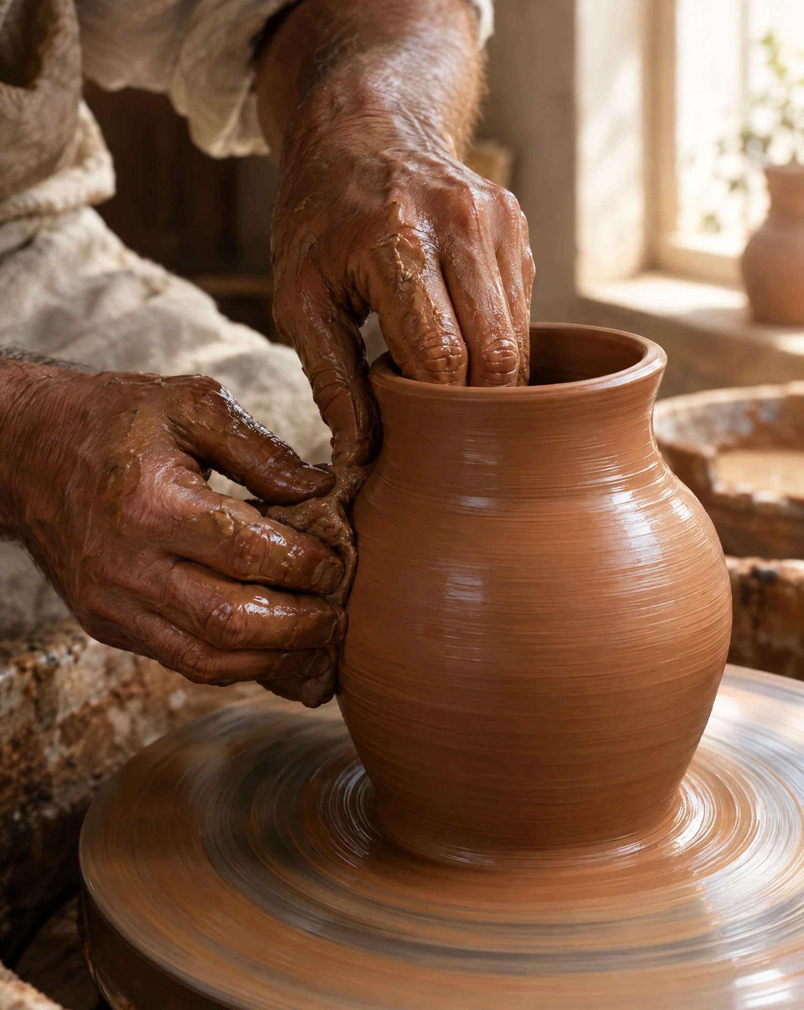 Clay-covered hands shaping a terracotta vessel on a turning wheel