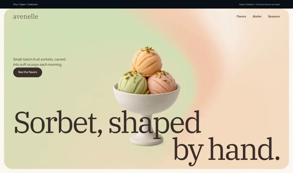 Avenelle, a fictional brand website using Mesh Gradient