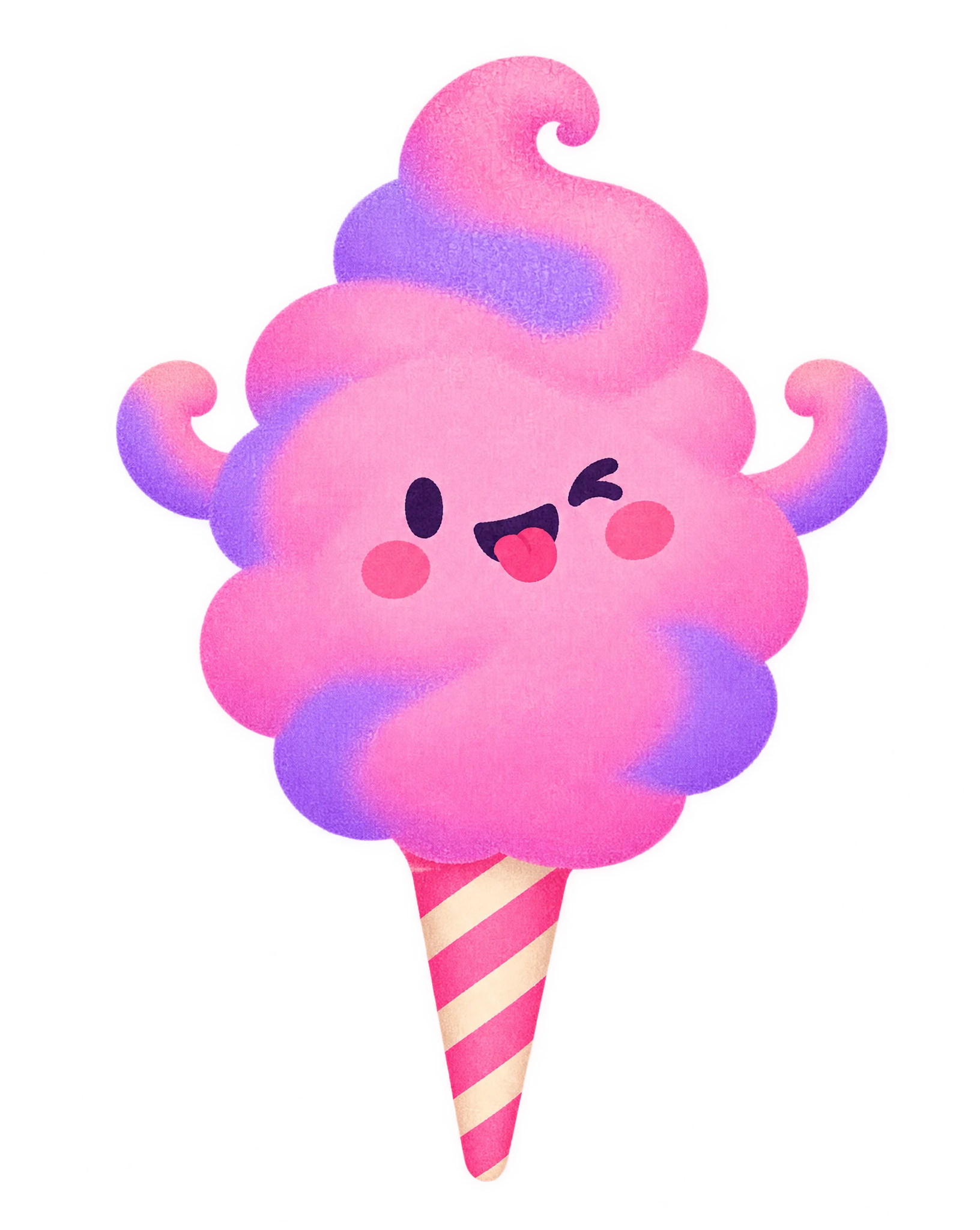 Pink Fizz, a pink and violet cotton candy puff winking with its tongue out and both arms raised
